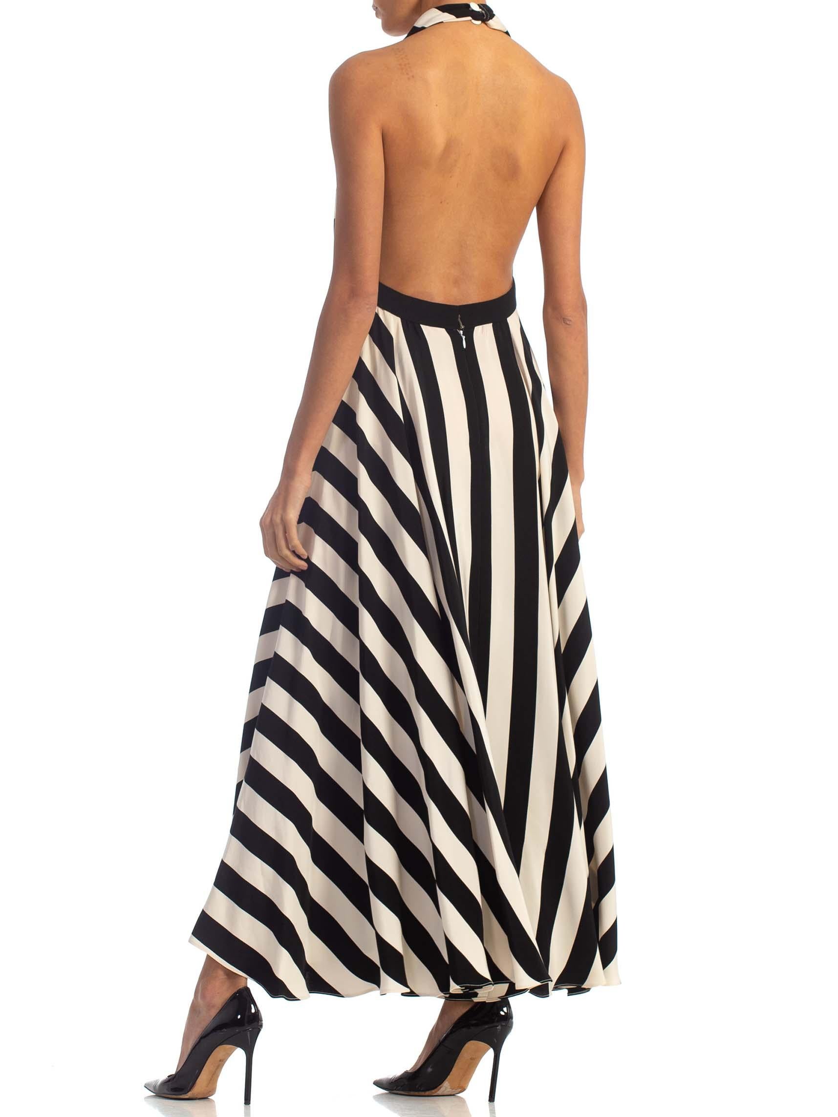 1970S Black & White Striped Silk Faille Backless Halter Gown With Slit Pockets 6