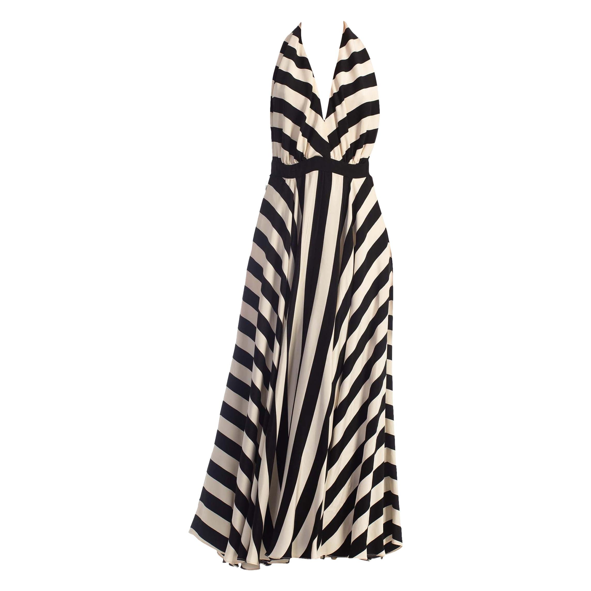 1970S Black & White Striped Silk Faille Backless Halter Gown With Slit Pockets