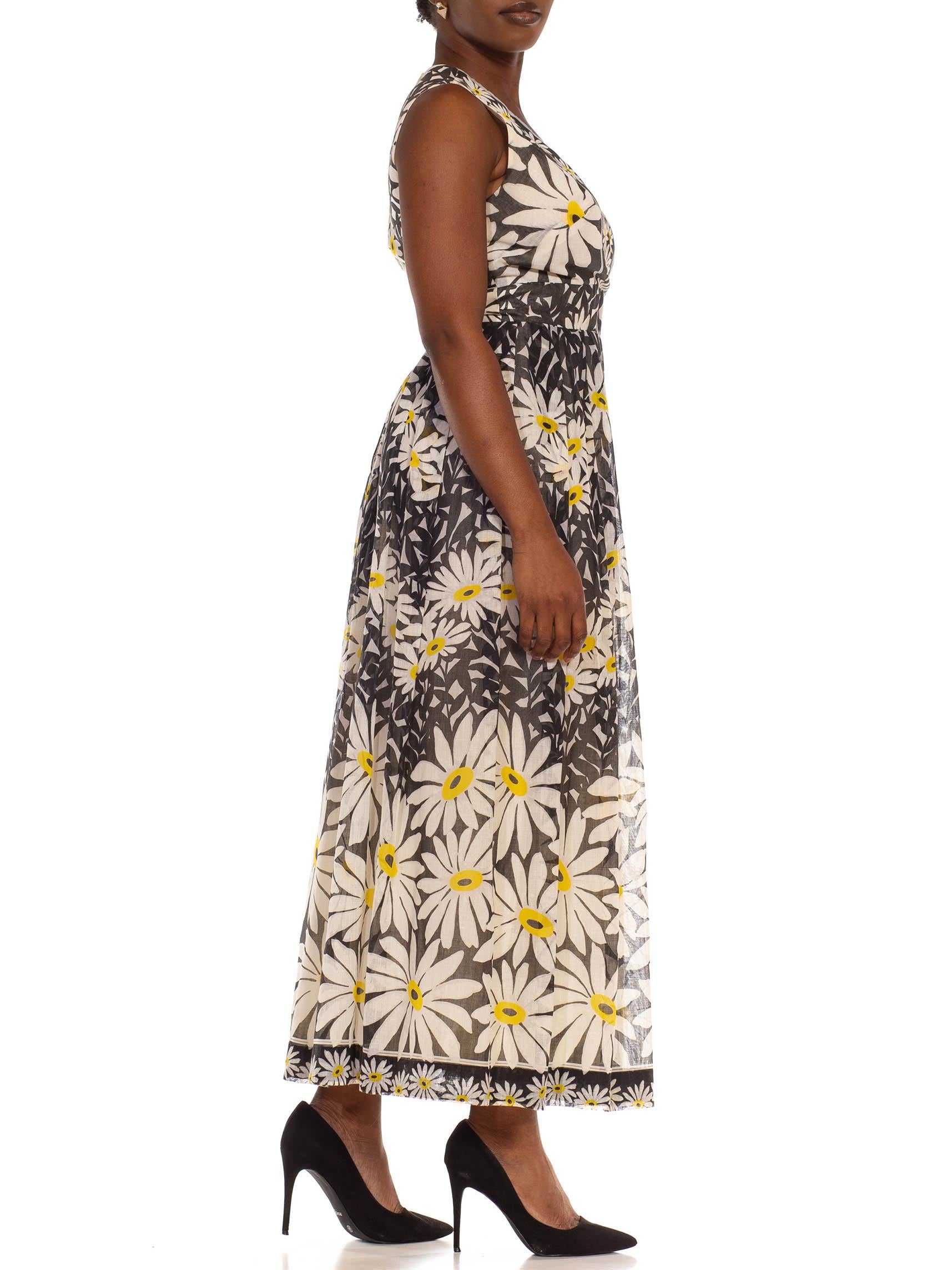 1970S Black, White  & Yellow Cotton Sleeveless Plunging V-Neck Daisy Floral Dress