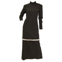 Vintage 1970s Black Wool Evening Dress Ensemble with Oversized Rhinestone Trim