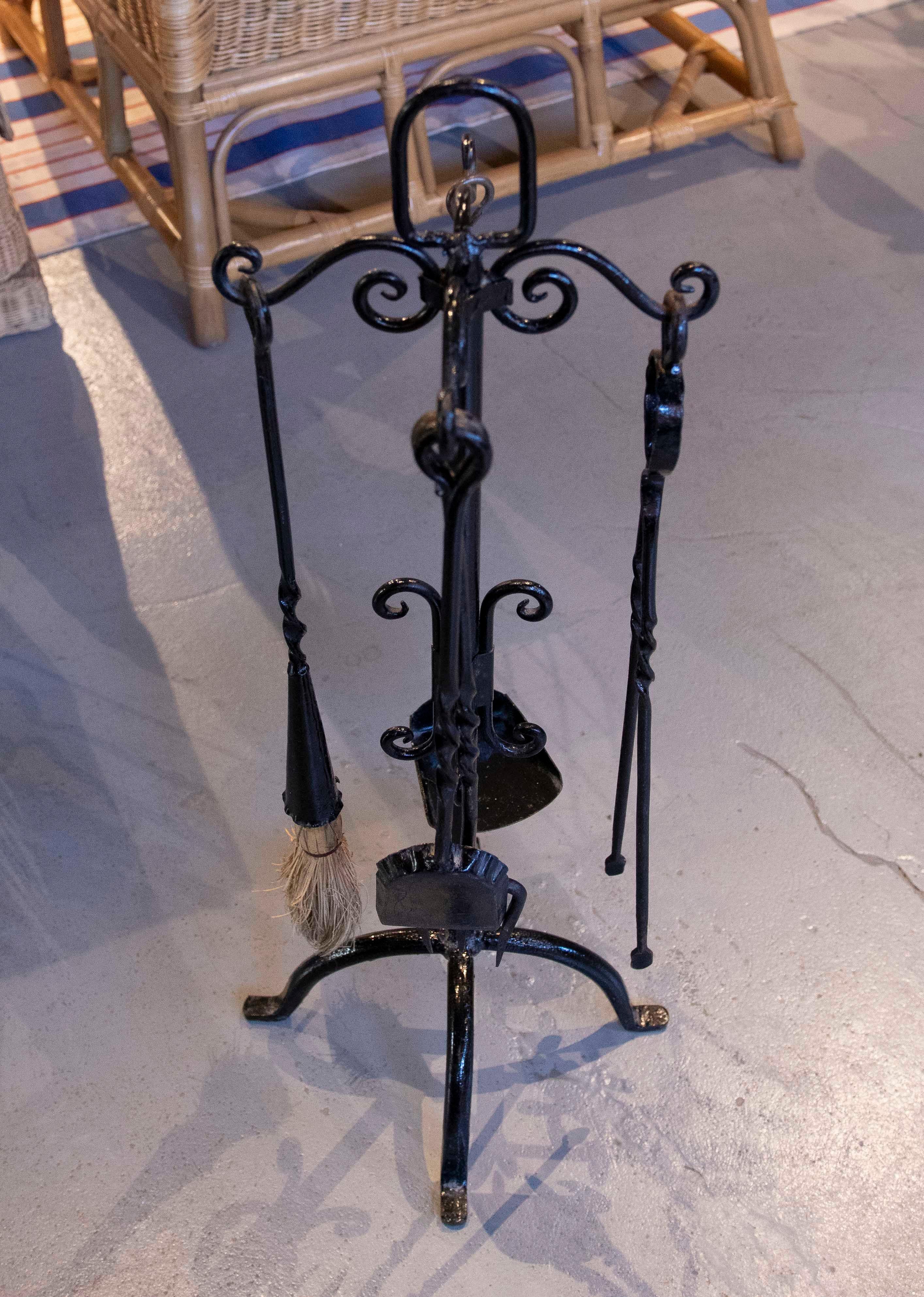 20th Century 1970s Black Wrought Iron Fireplace Tool Set with Decorative Stand For Sale