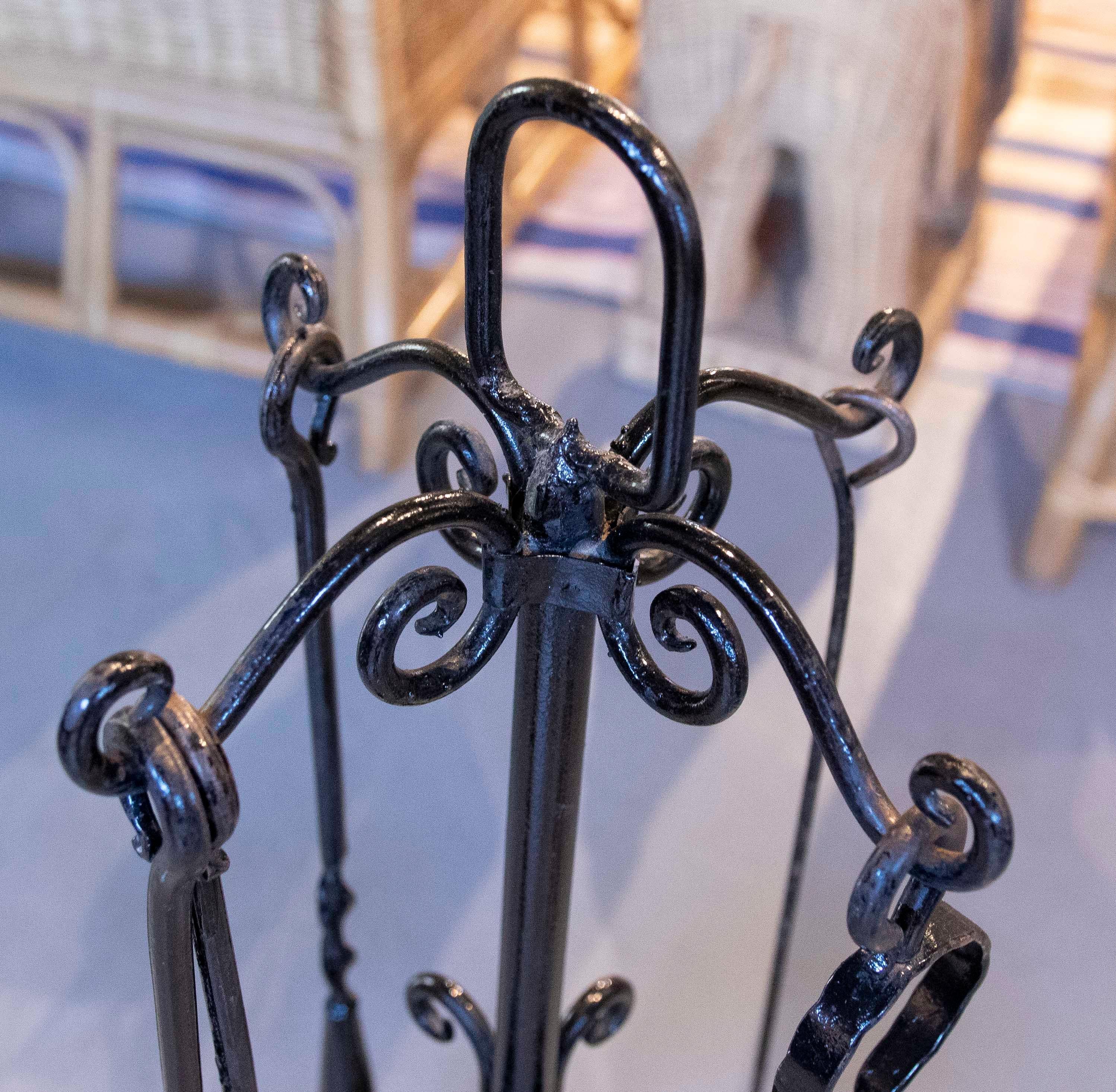1970s Black Wrought Iron Fireplace Tool Set with Decorative Stand For Sale 3