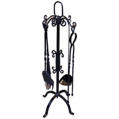 1970s Black Wrought Iron Fireplace Tool Set with Decorative Stand