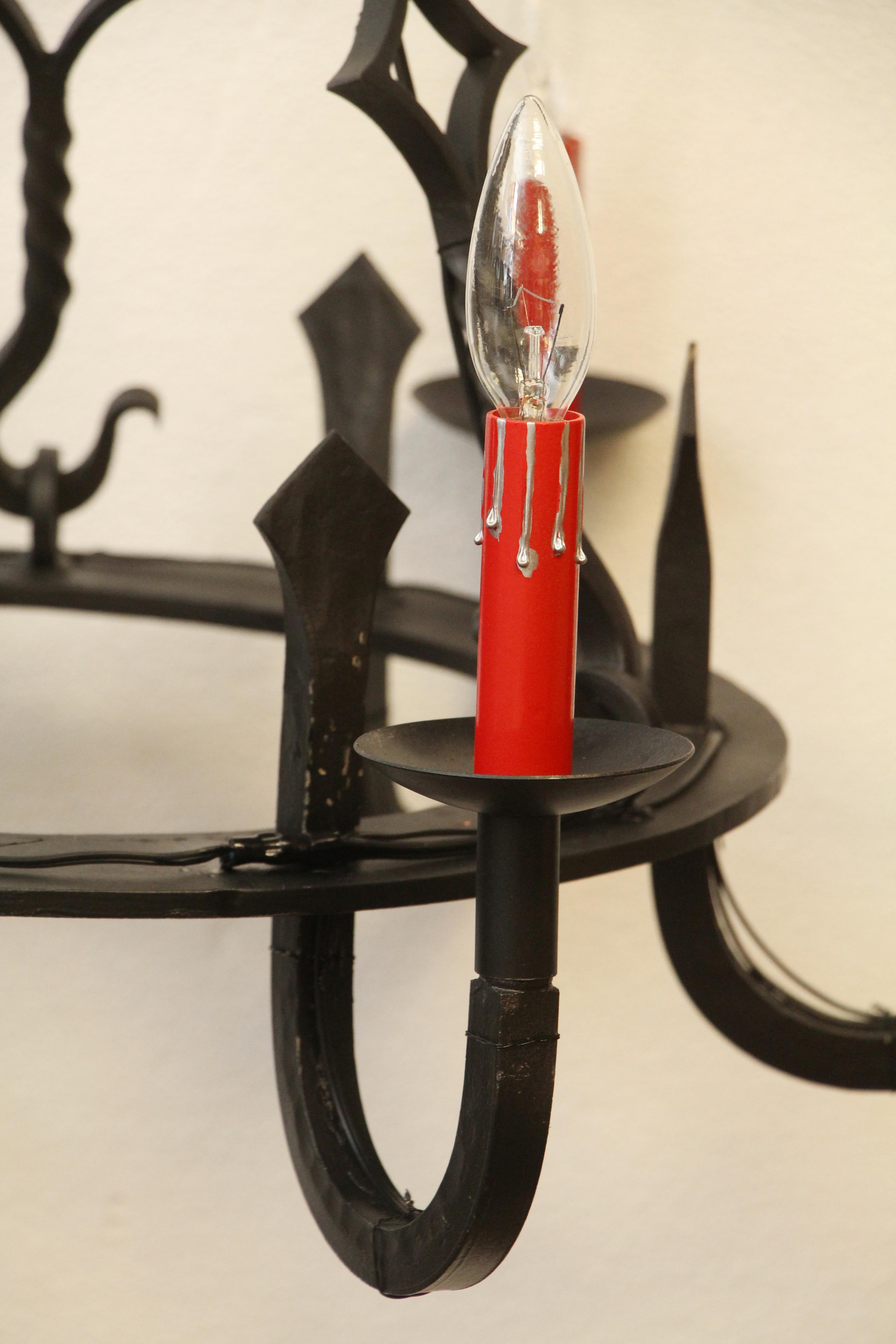 American 1970s Black Wrought Iron Gothic Chandelier 6 Red Candlesticks For Sale
