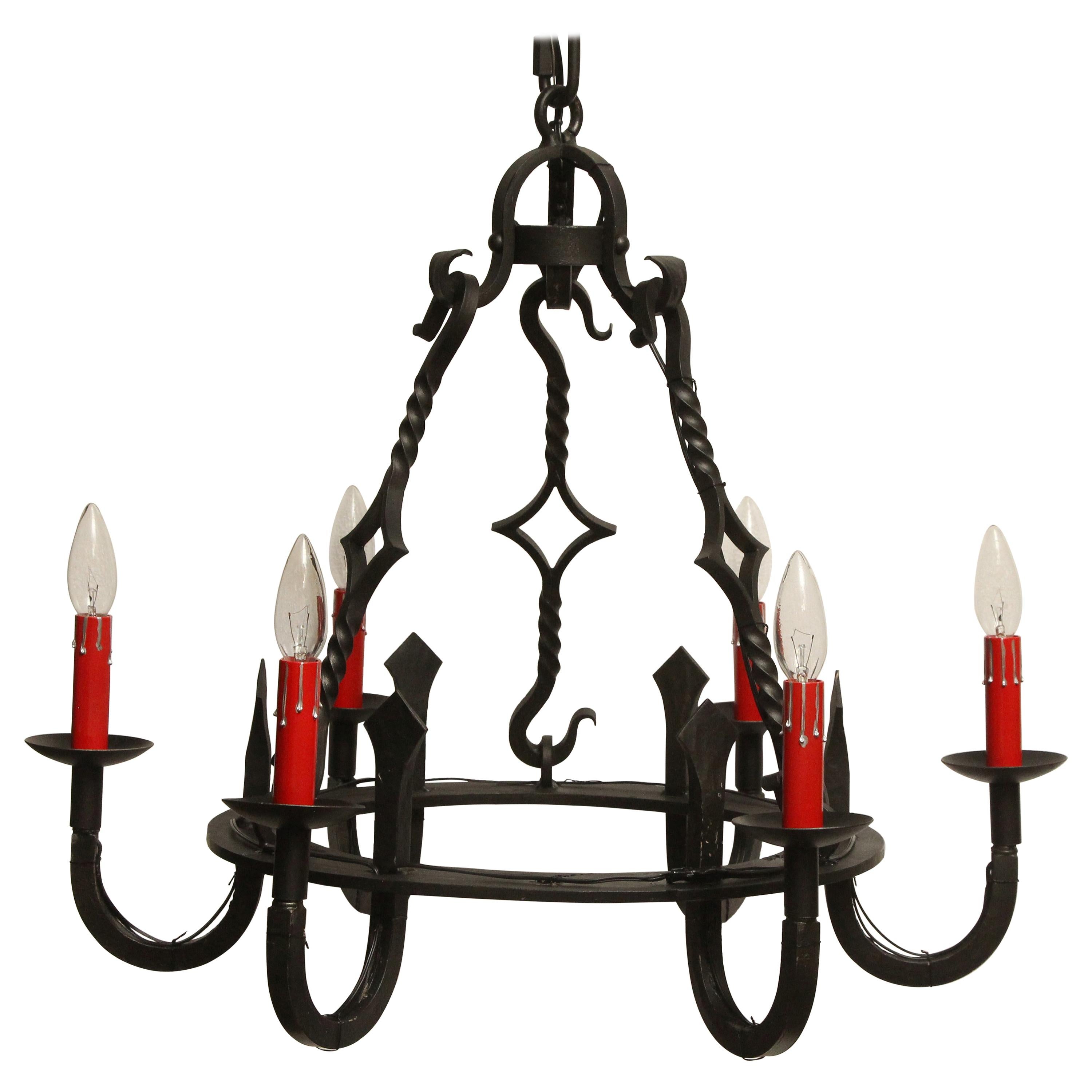 1970s Black Wrought Iron Gothic Chandelier 6 Red Candlesticks