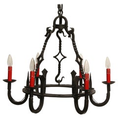 1970s Black Wrought Iron Gothic Chandelier with 6 Red Candlesticks