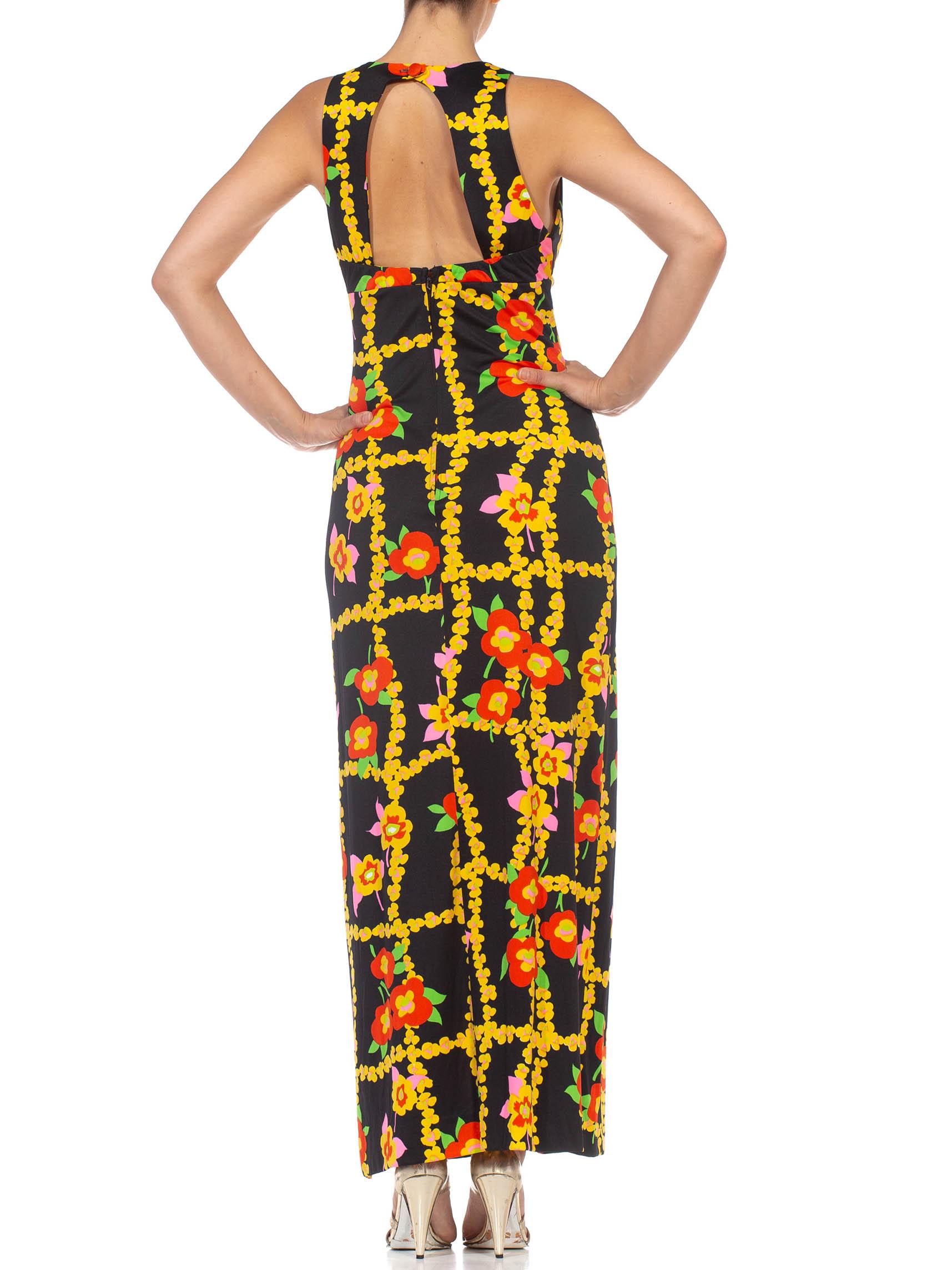 1970S Black & Yellow Floral Polyester Maxi Dress With A Pocket 6