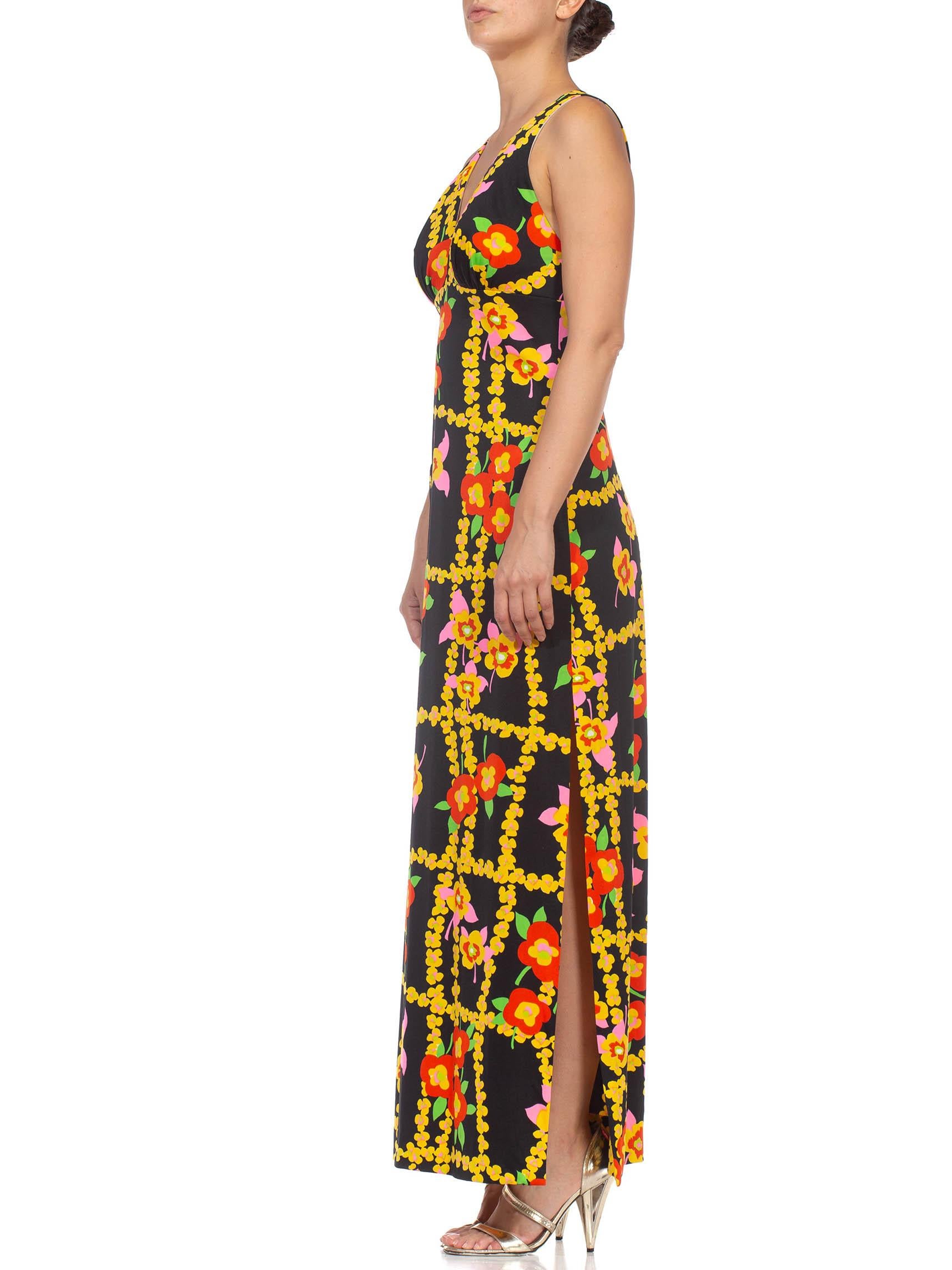 Orange 1970S Black & Yellow Floral Polyester Maxi Dress With A Pocket