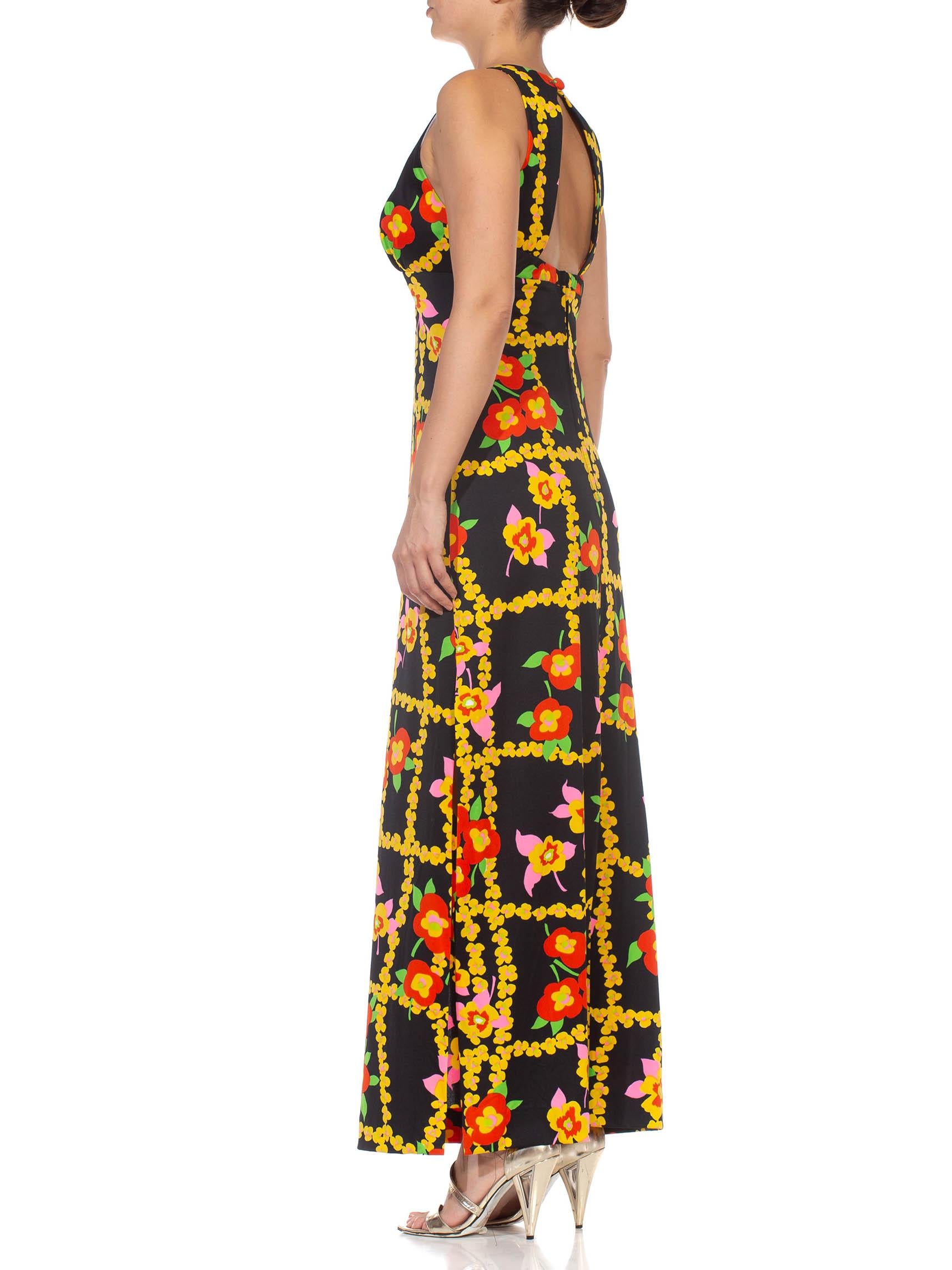 Women's 1970S Black & Yellow Floral Polyester Maxi Dress With A Pocket