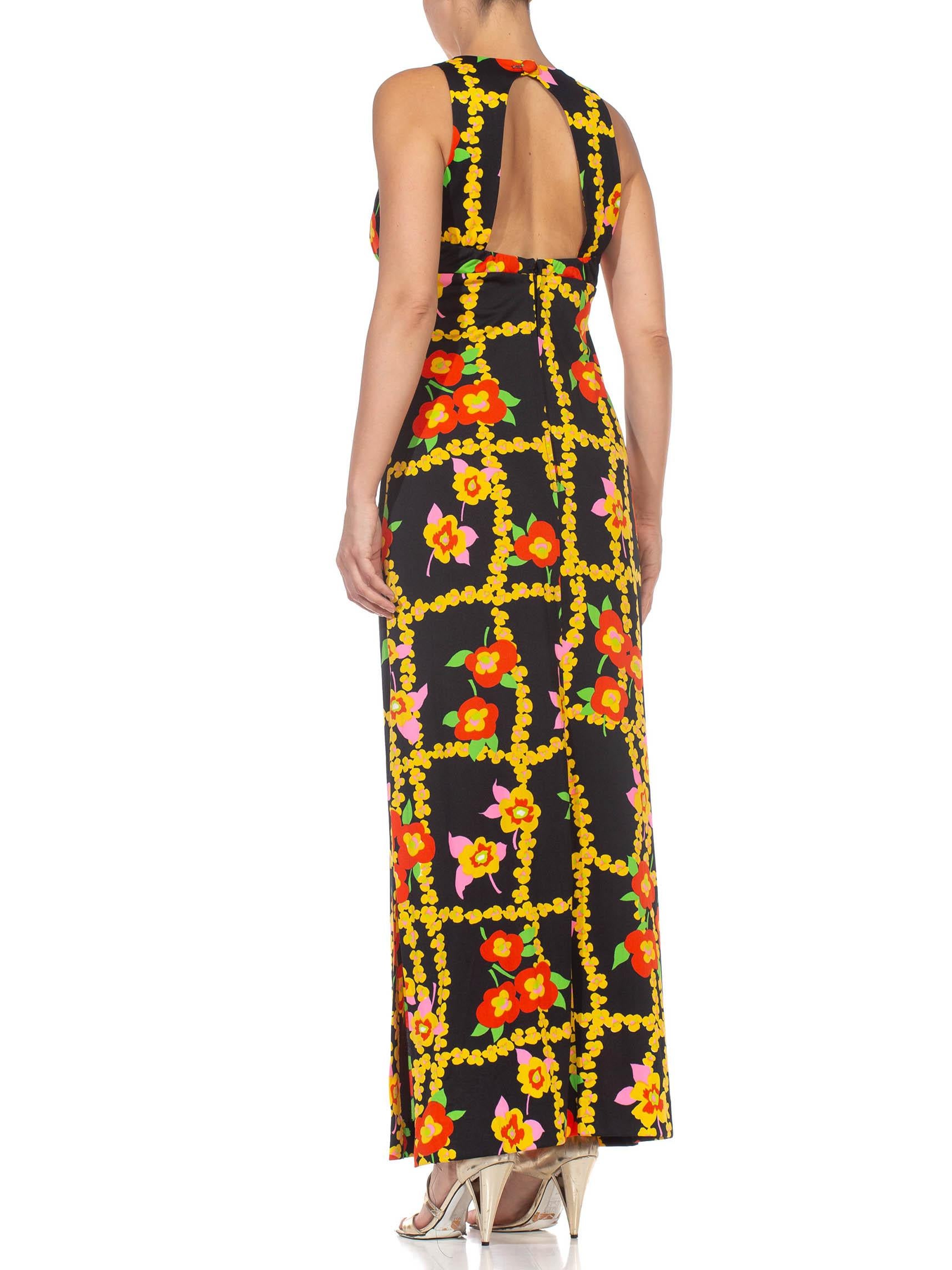 1970S Black & Yellow Floral Polyester Maxi Dress With A Pocket 1