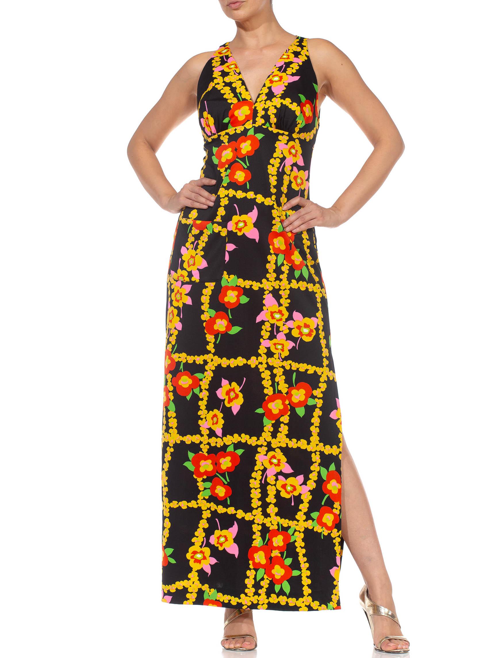 1970S Black & Yellow Floral Polyester Maxi Dress With A Pocket 2