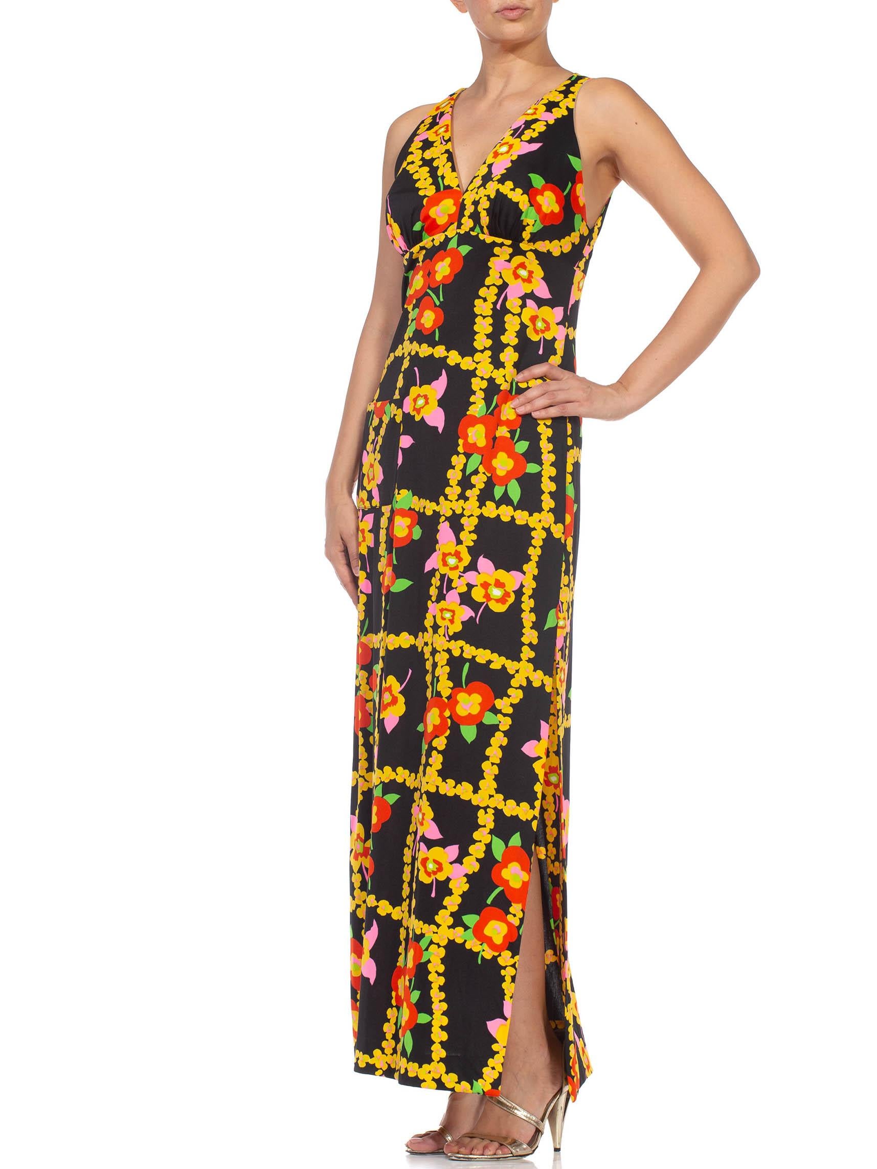 1970S Black & Yellow Floral Polyester Maxi Dress With A Pocket 3