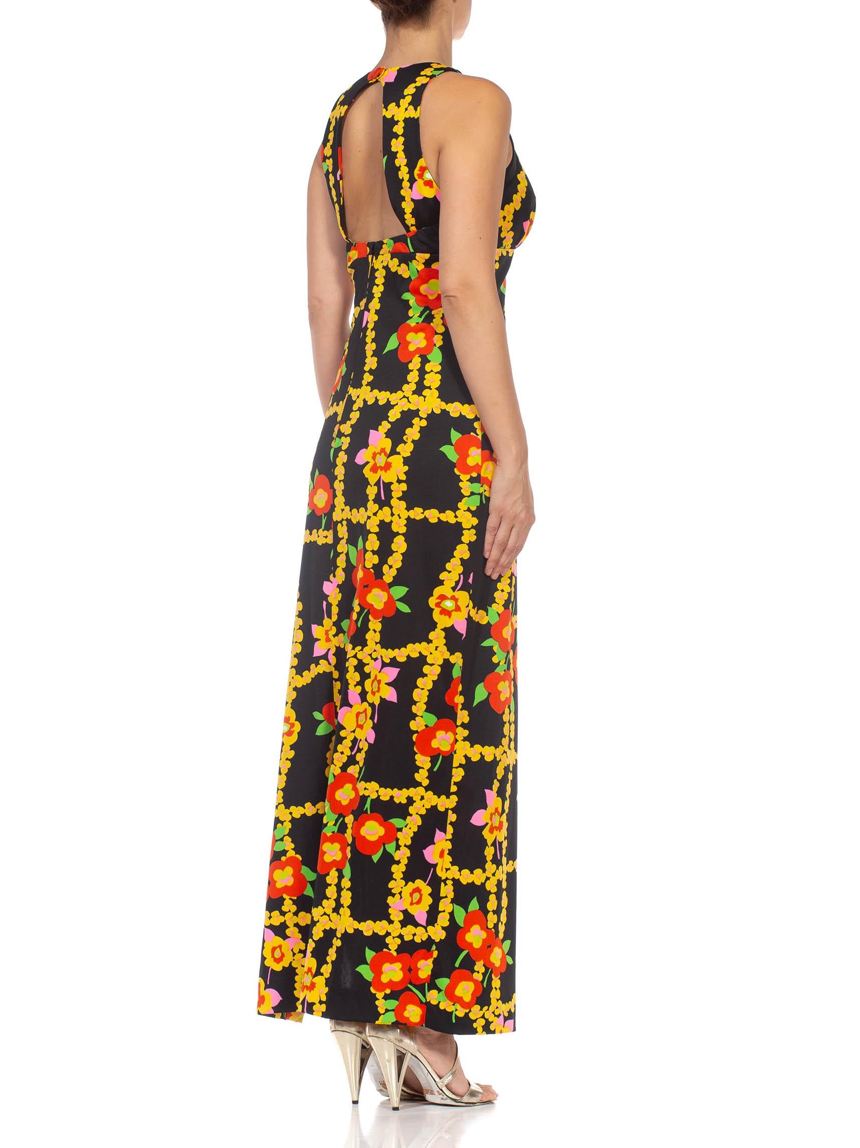 1970S Black & Yellow Floral Polyester Maxi Dress With A Pocket 4