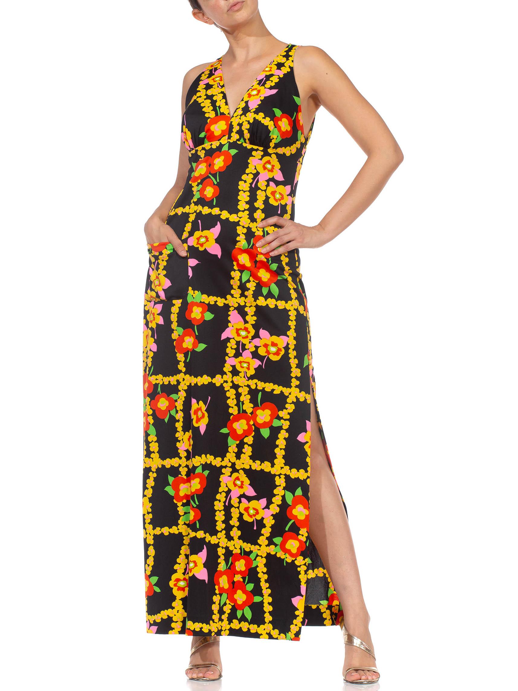 1970S Black & Yellow Floral Polyester Maxi Dress With A Pocket 5