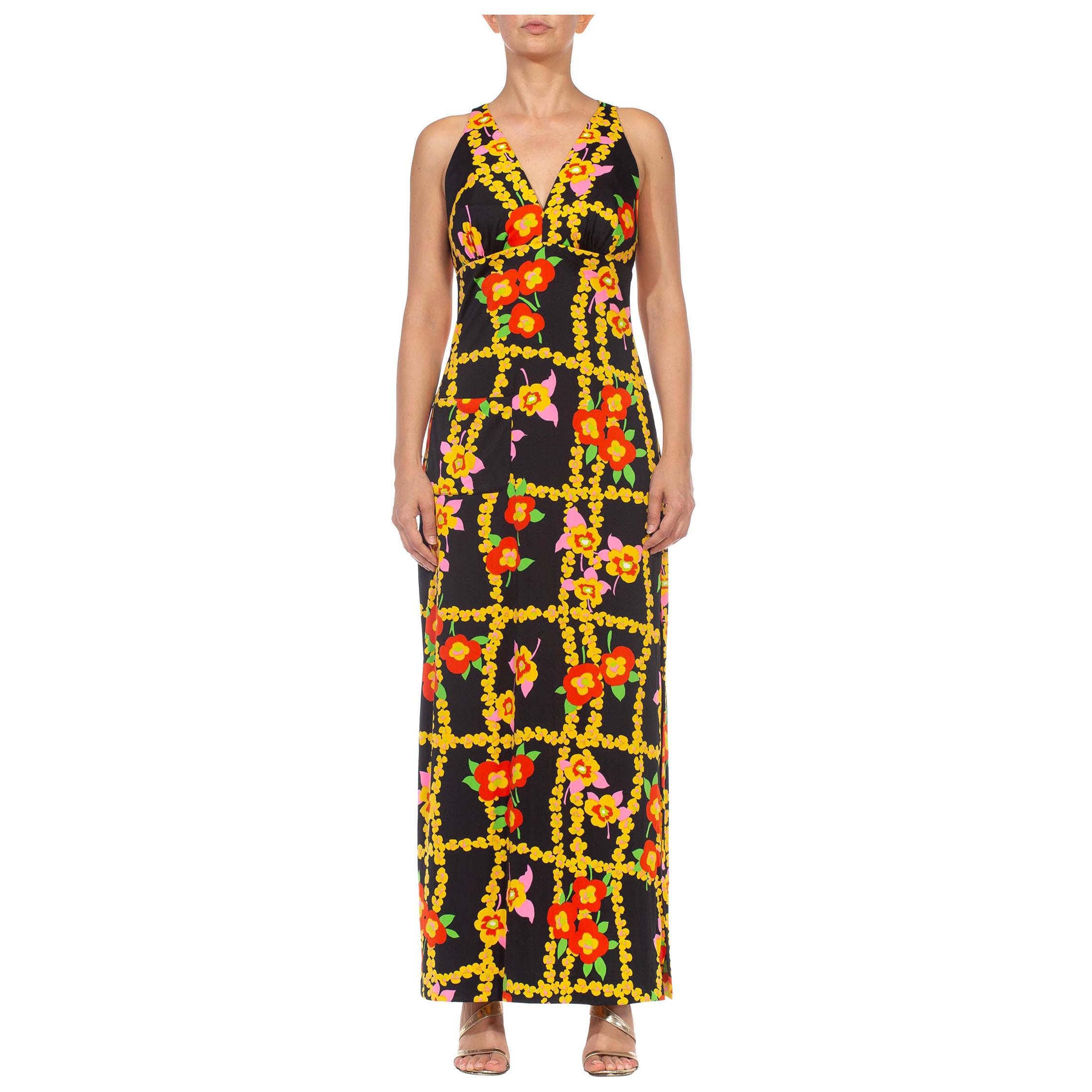 1970S Black & Yellow Floral Polyester Maxi Dress With A Pocket