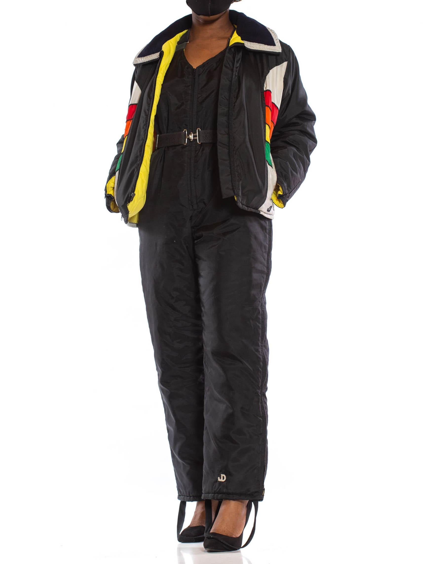combinaison de ski en nylon noir et jaune des années 1970 veste