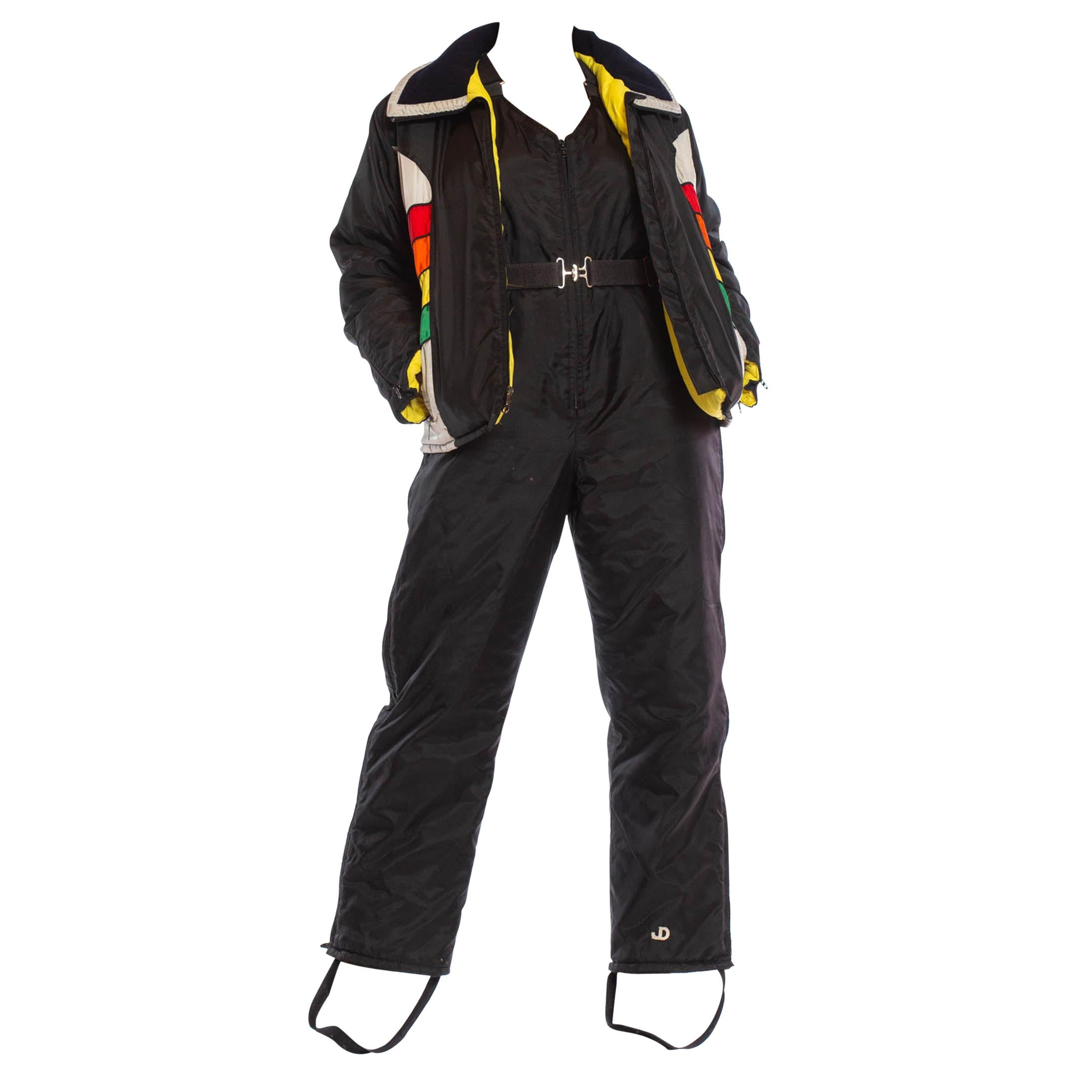 1970S Black & Yellow Nylon Ski Overalls Jumpsuit Jacket