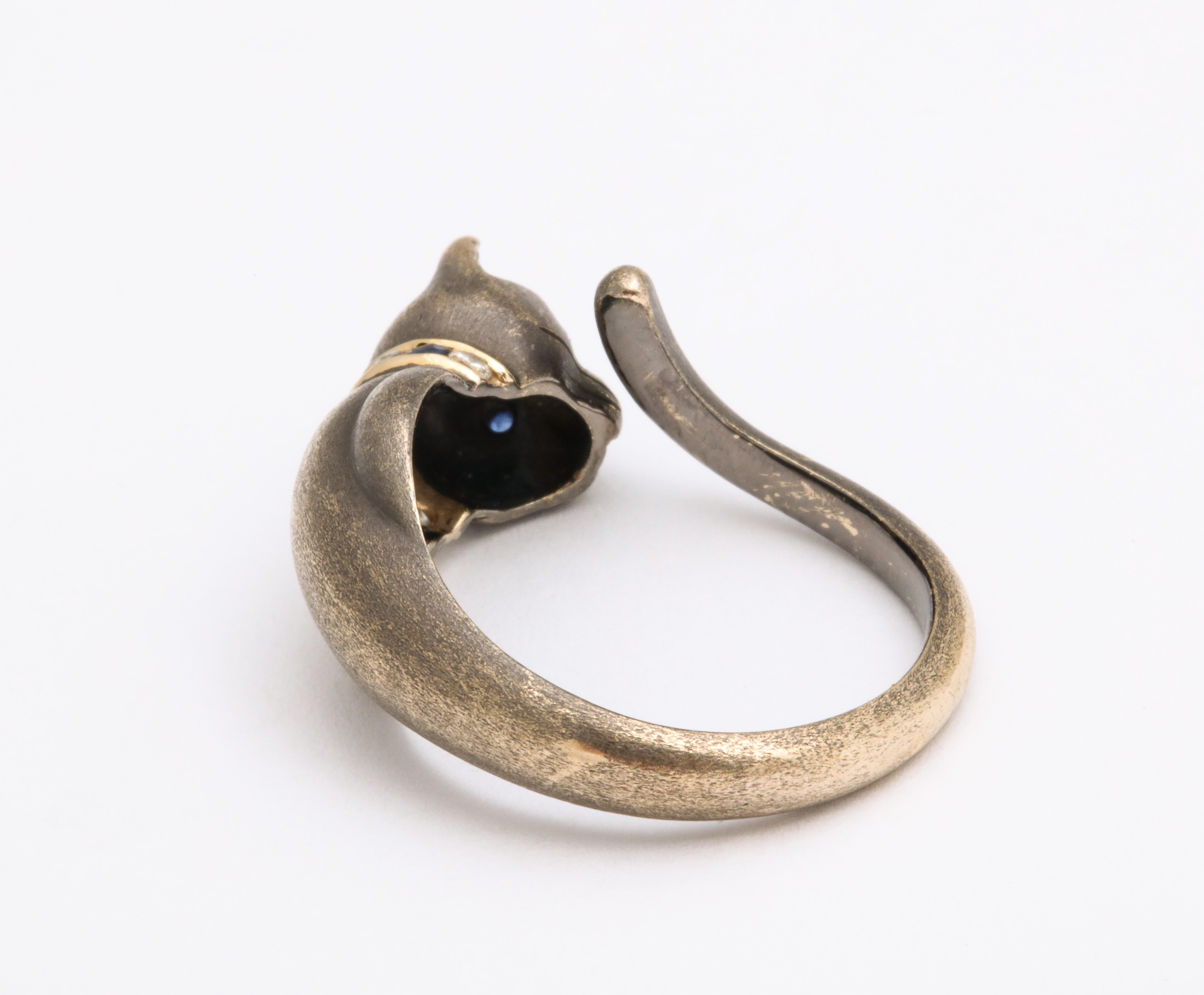 Modernist 1970s Blackened 18k Gold, Sapphire and Diamond Cat Ring