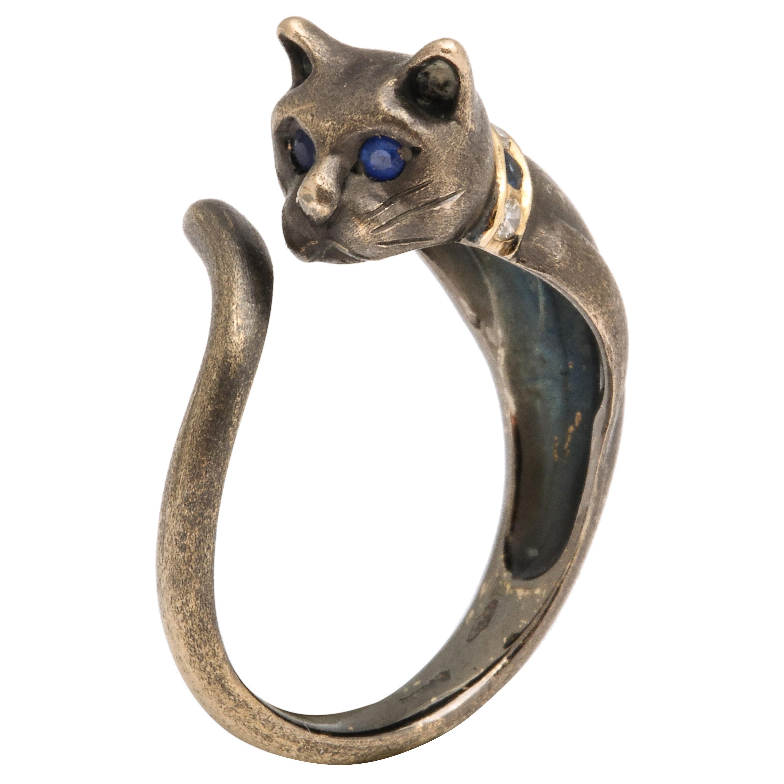 1970s Blackened 18k Gold, Sapphire and Diamond Cat Ring at 1stDibs