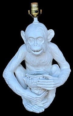 1970s Blanc De Chine Style Italian Ceramic Tropical Monkey Table Lamp