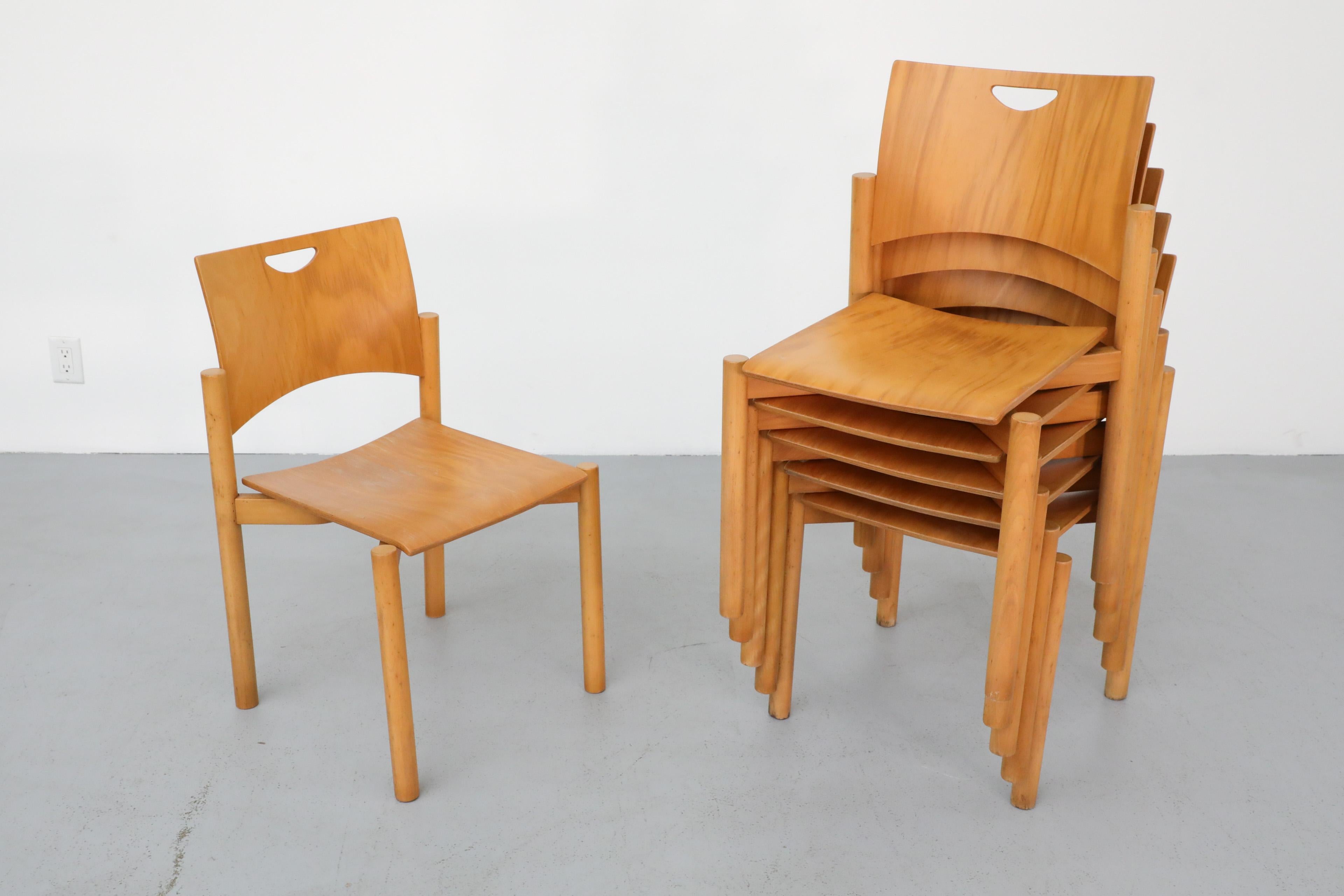 1970's Blonde Plywood Stacking Dining Chairs with Cut Out Handles by Casala 4