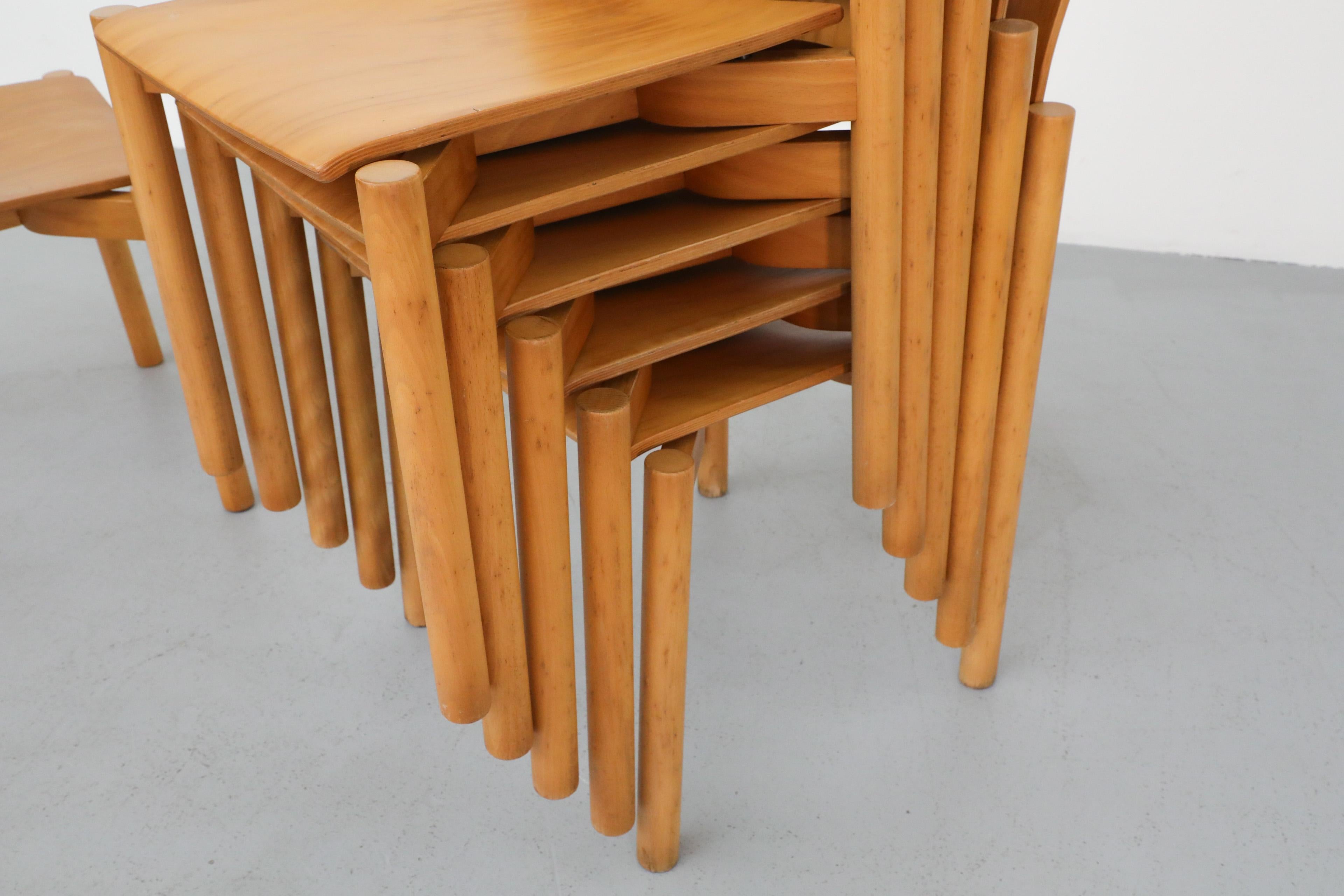 1970's Blonde Plywood Stacking Dining Chairs with Cut Out Handles by Casala 8