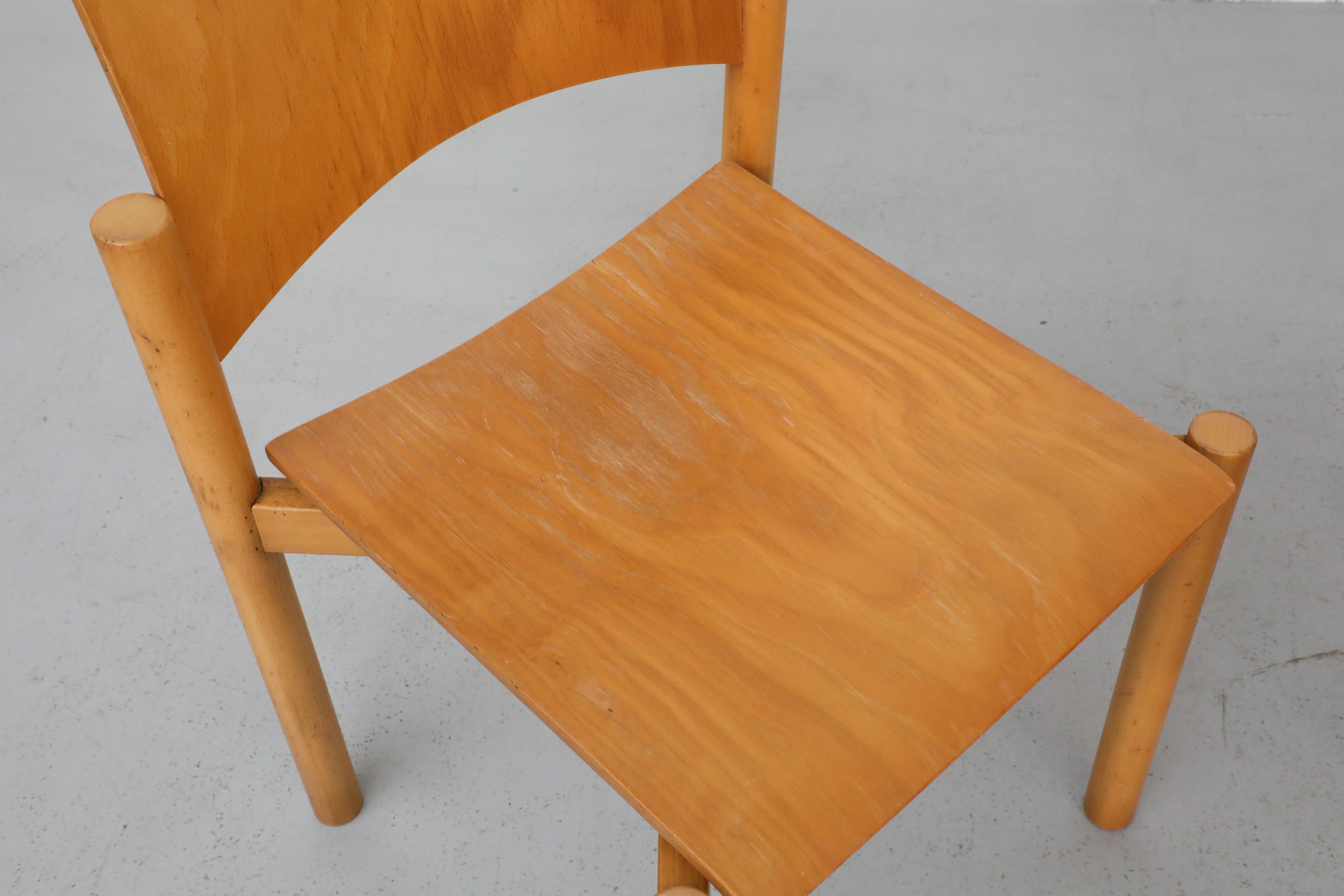 1970's Blonde Plywood Stacking Dining Chairs with Cut Out Handles by Casala 12