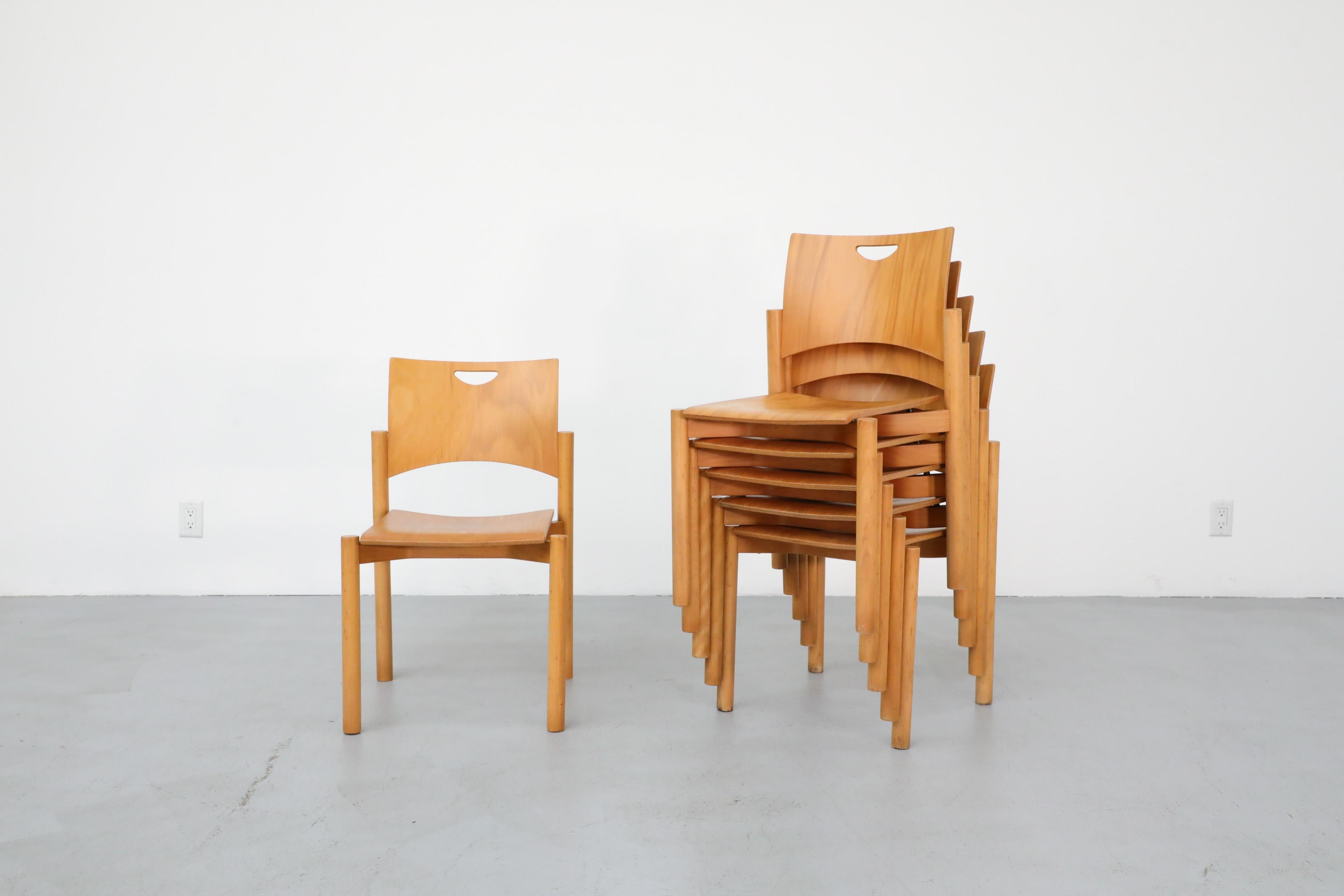 Dutch 1970's Blonde Plywood Stacking Dining Chairs with Cut Out Handles by Casala
