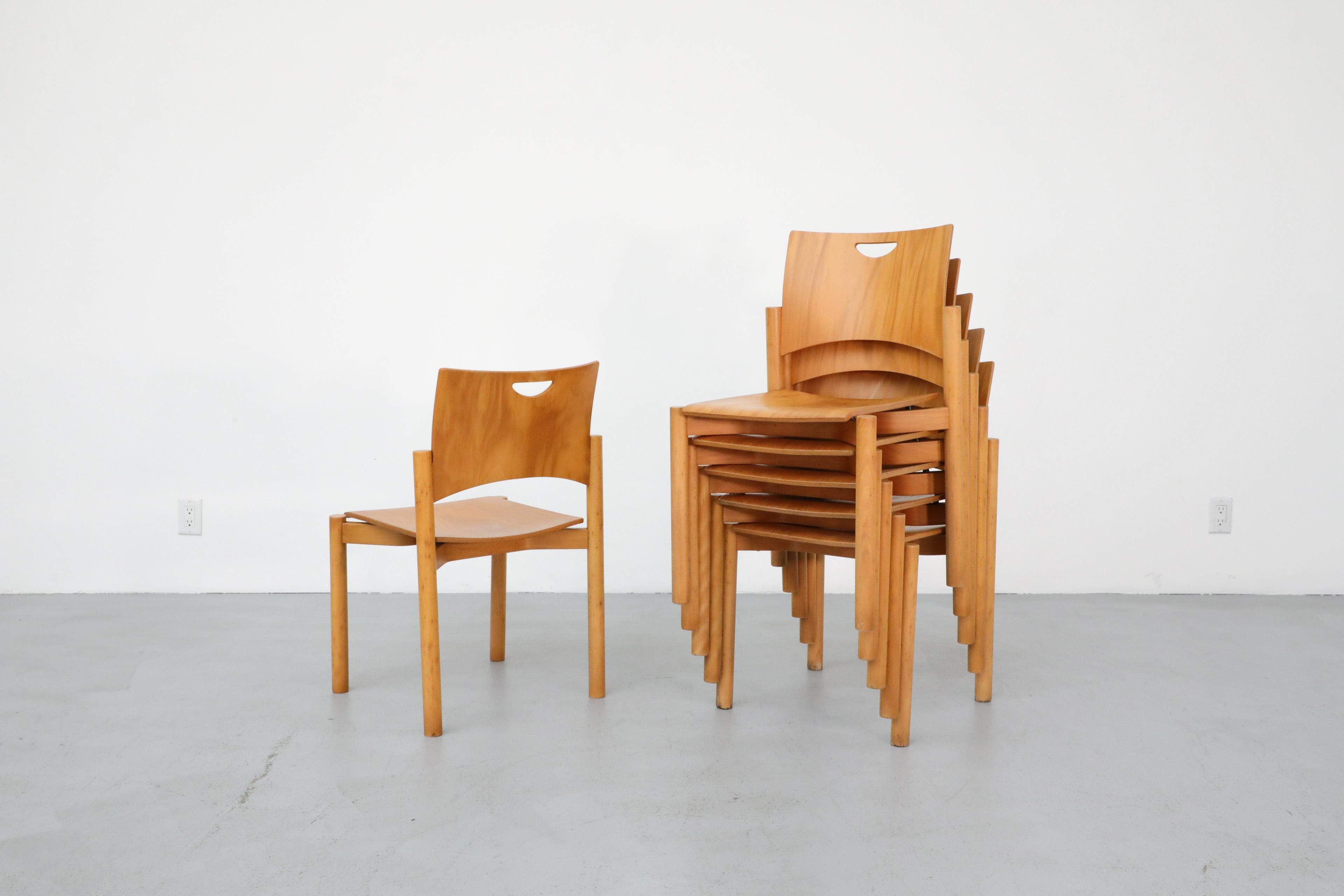 1970's Blonde Plywood Stacking Dining Chairs with Cut Out Handles by Casala 1