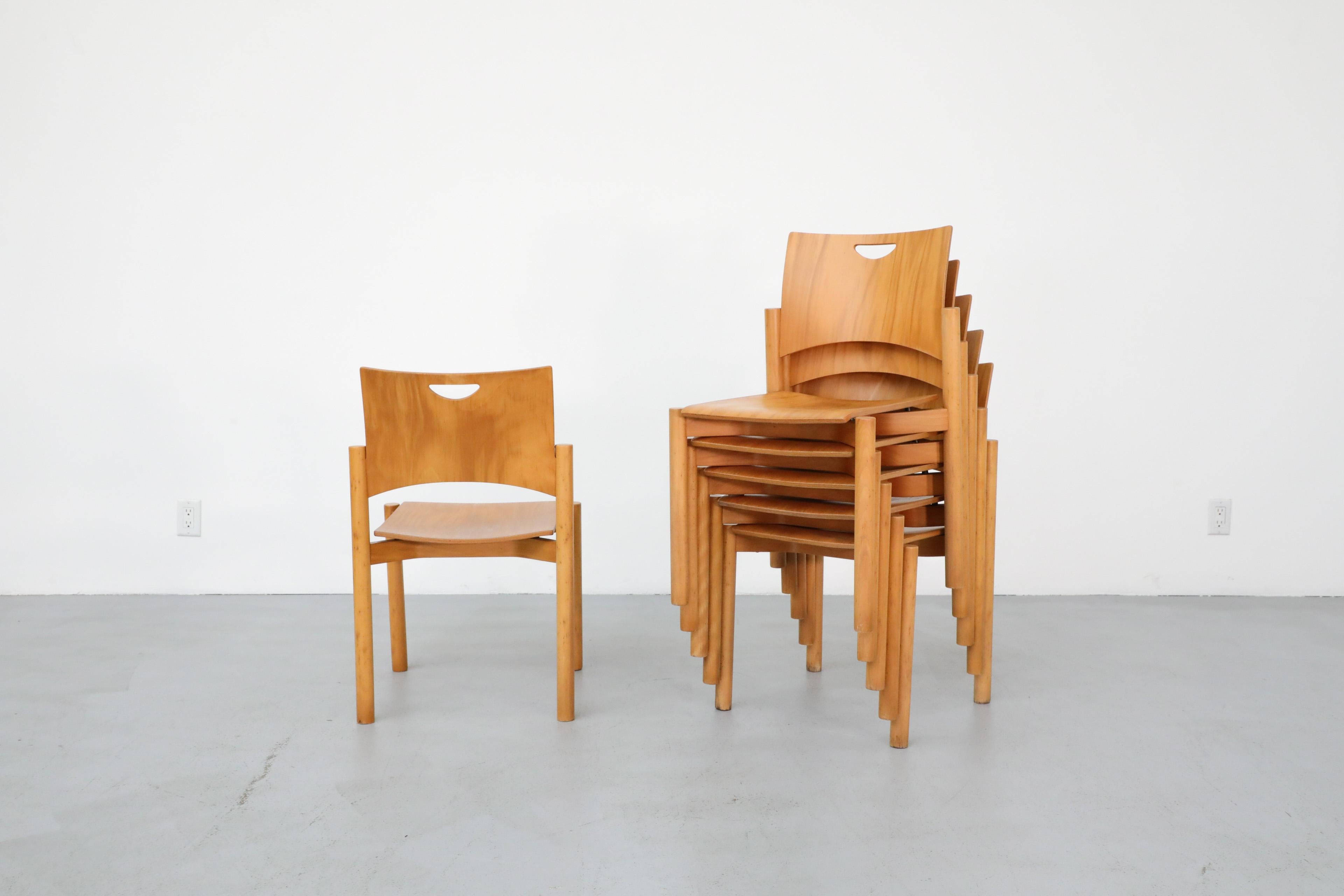 1970's Blonde Plywood Stacking Dining Chairs with Cut Out Handles by Casala 2