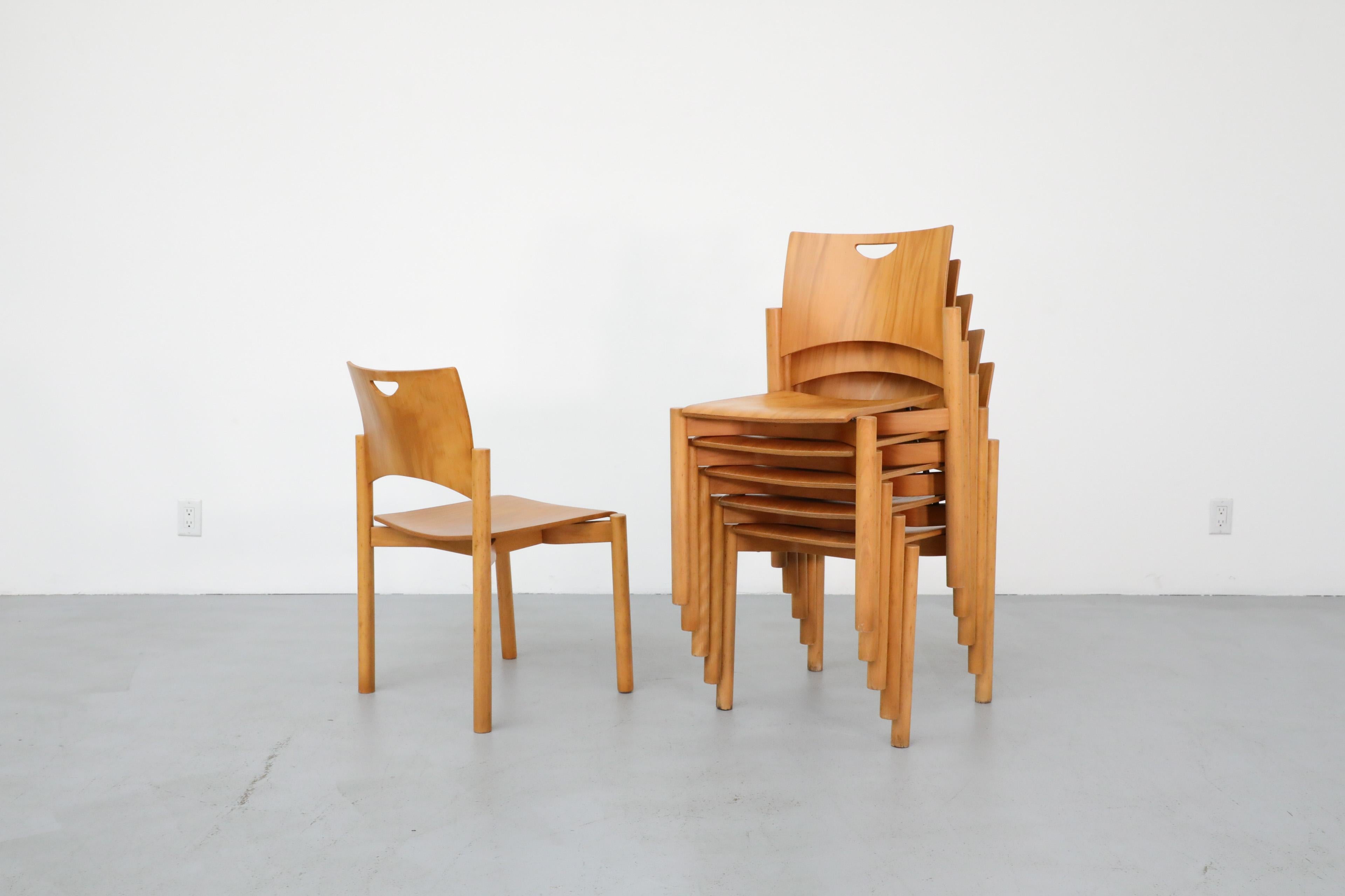 1970's Blonde Plywood Stacking Dining Chairs with Cut Out Handles by Casala 3