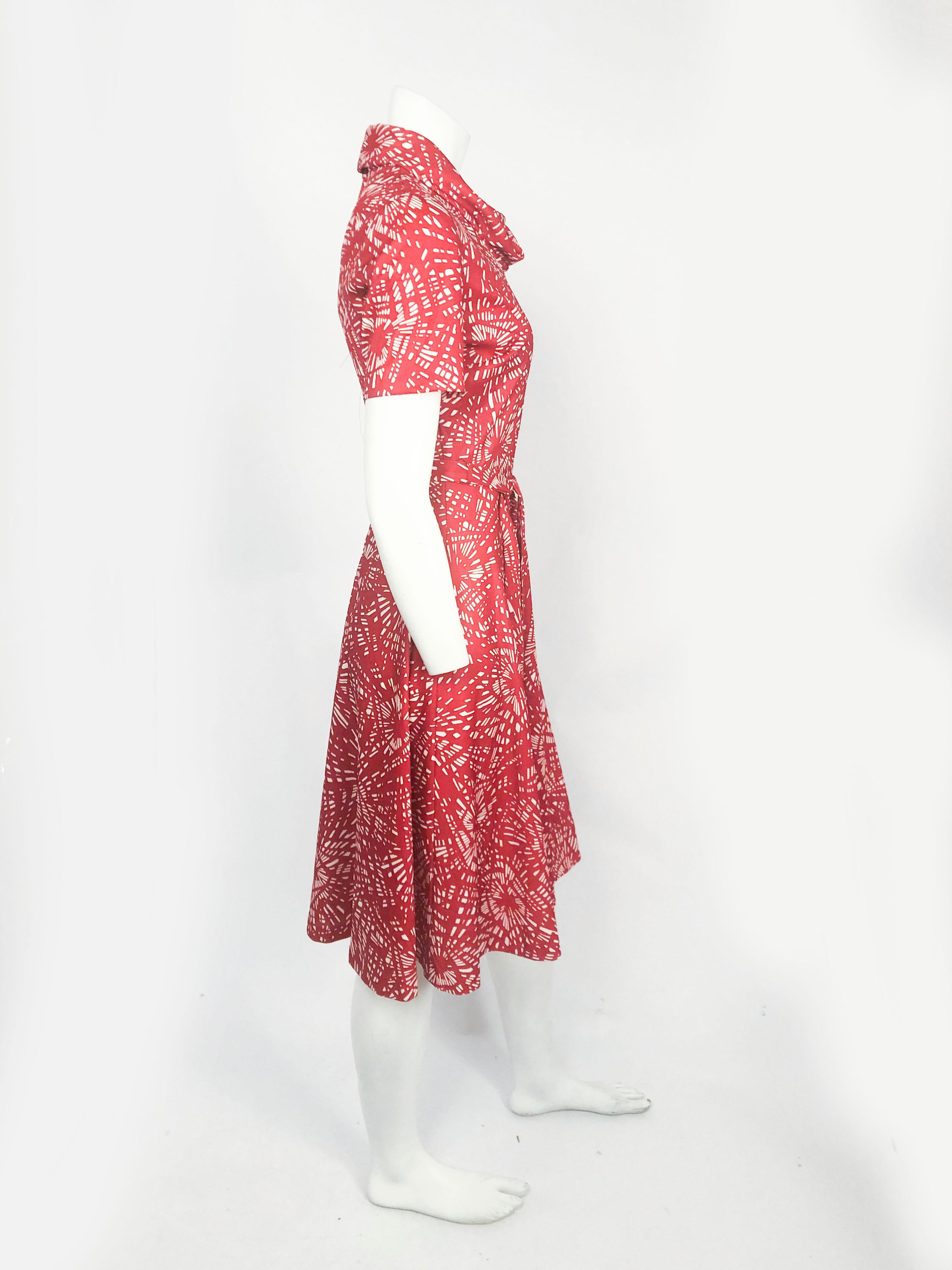 Women's 1970s Blood Orange Printed Dress with Oversized Turtleneck For Sale