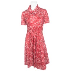 Vintage 1970s Blood Orange Printed Dress with Oversized Turtleneck