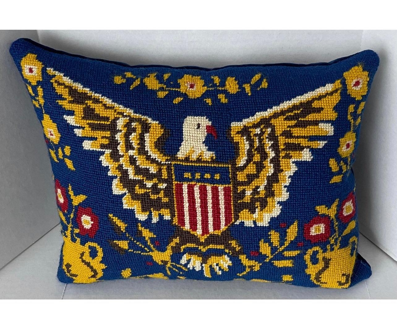 American Colonial 1970s Blue American Patriotic Eagle Needlepoint Custom Pillow