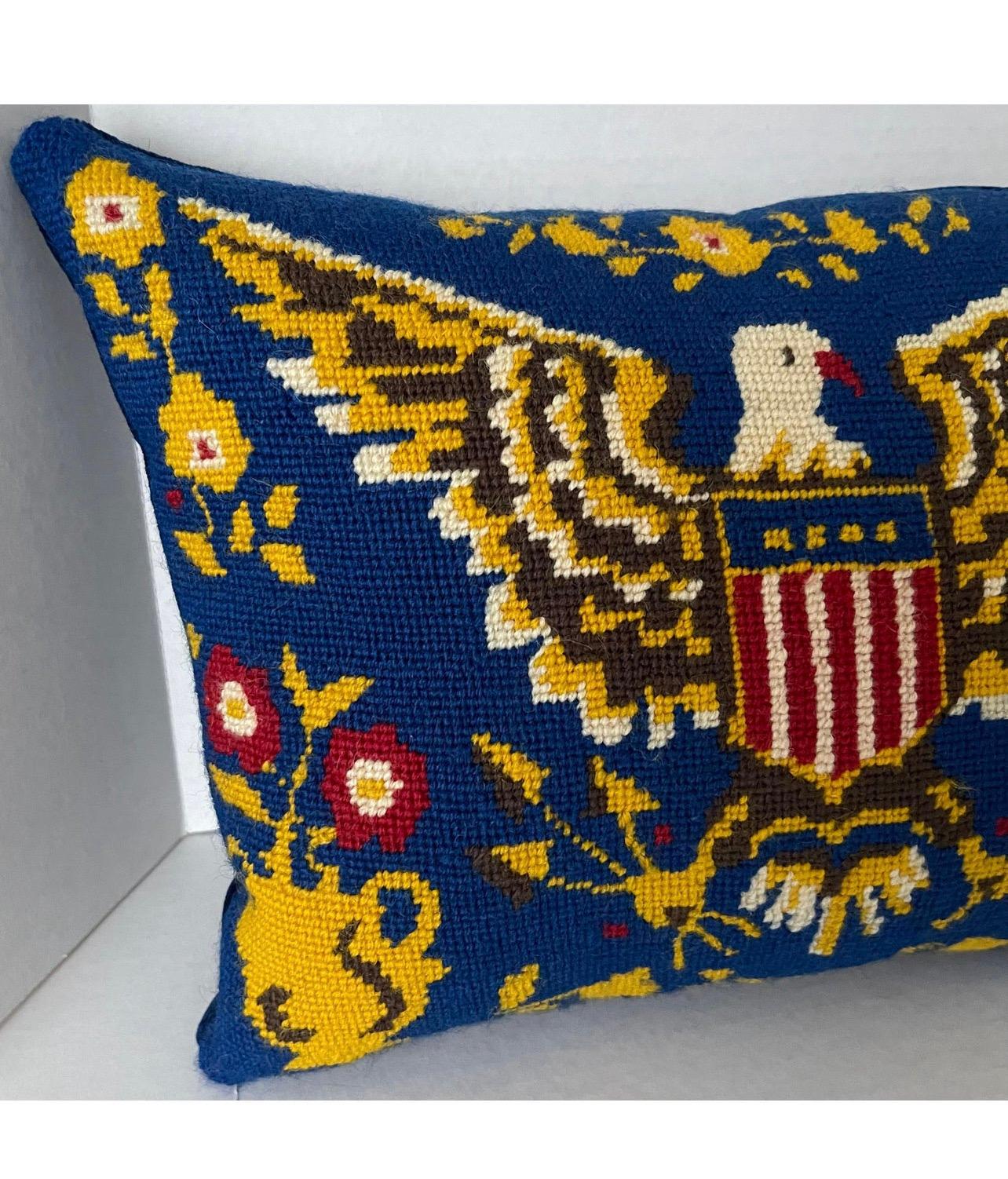 1970s Blue American Patriotic Eagle Needlepoint Custom Pillow In Good Condition For Sale In Stamford, CT