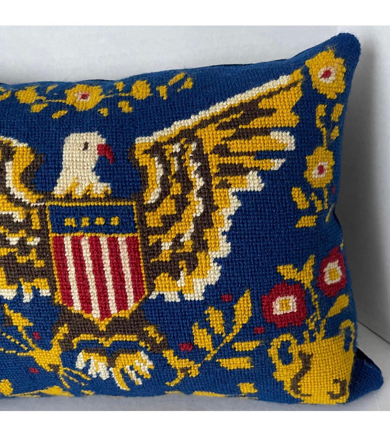 Late 20th Century 1970s Blue American Patriotic Eagle Needlepoint Custom Pillow For Sale