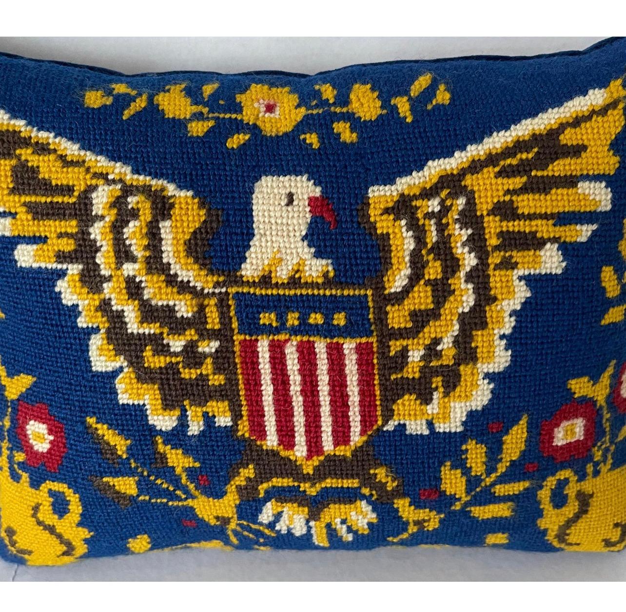 Wool 1970s Blue American Patriotic Eagle Needlepoint Custom Pillow For Sale