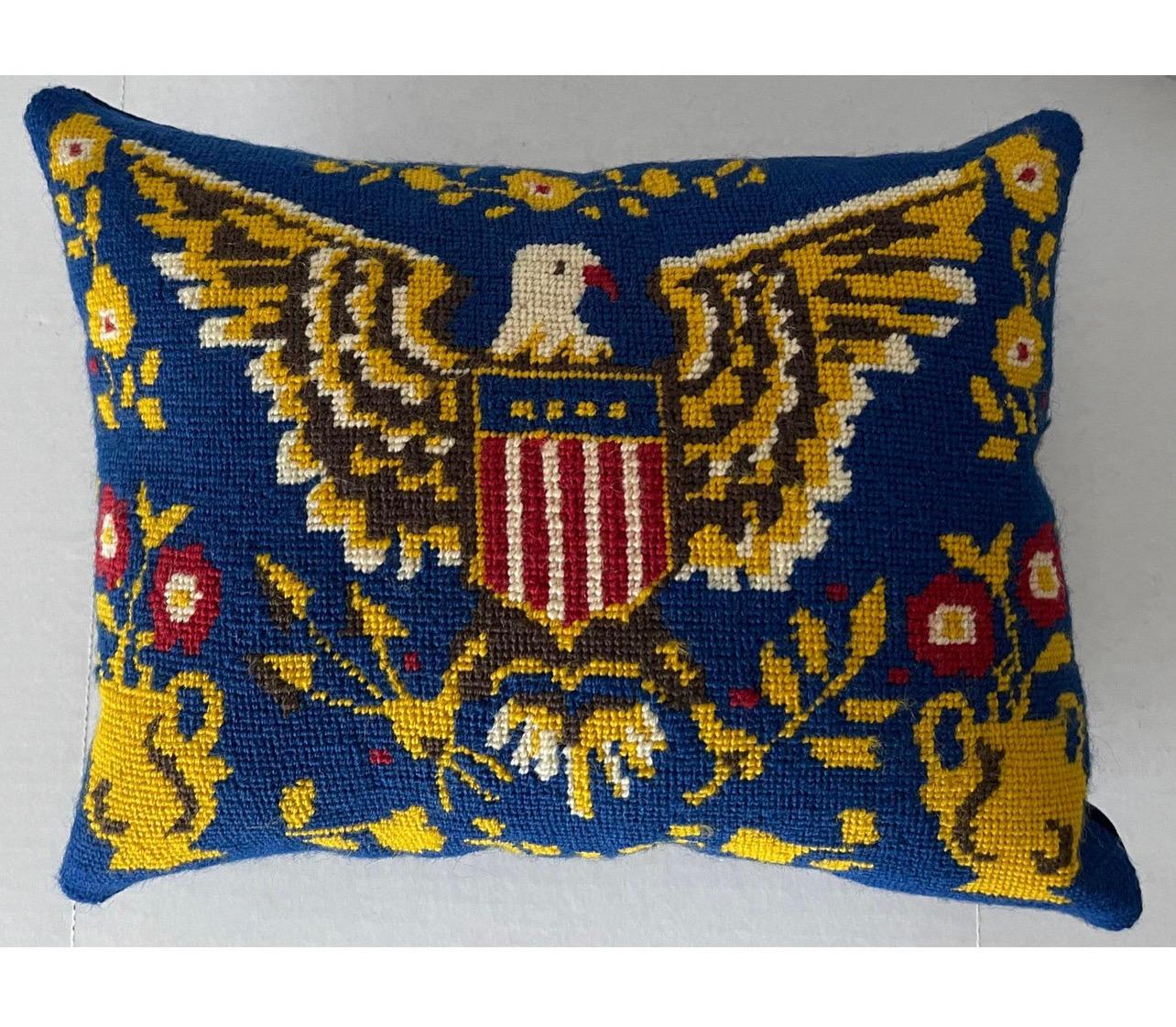 1970s Blue American Patriotic Eagle Needlepoint Custom Pillow 1