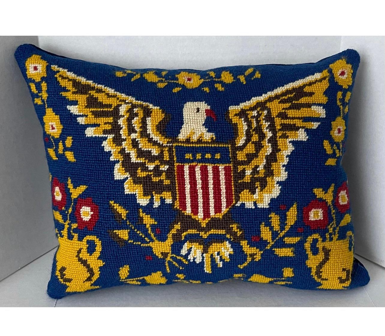 1970s Blue American Patriotic Eagle Needlepoint Custom Pillow 3