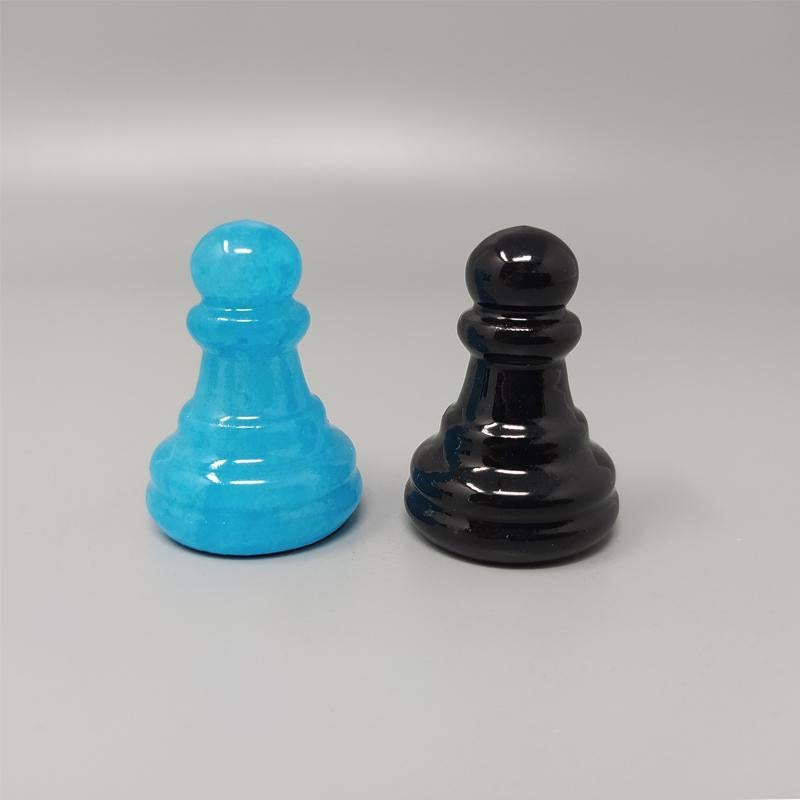 1970s Blue and Black Chess Set in Volterra Alabaster Handmade, Made in Italy 6