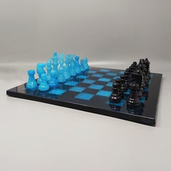 1970s Blue and Black Chess Set in Volterra Alabaster Handmade, Made in Italy