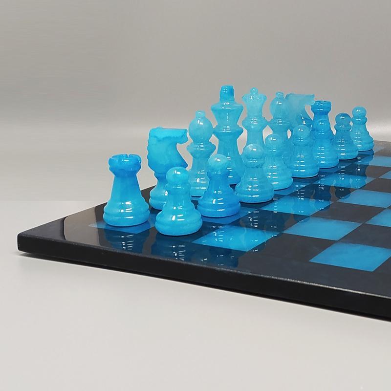 Italian 1970s Blue and Black Chess Set in Volterra Alabaster Handmade, Made in Italy