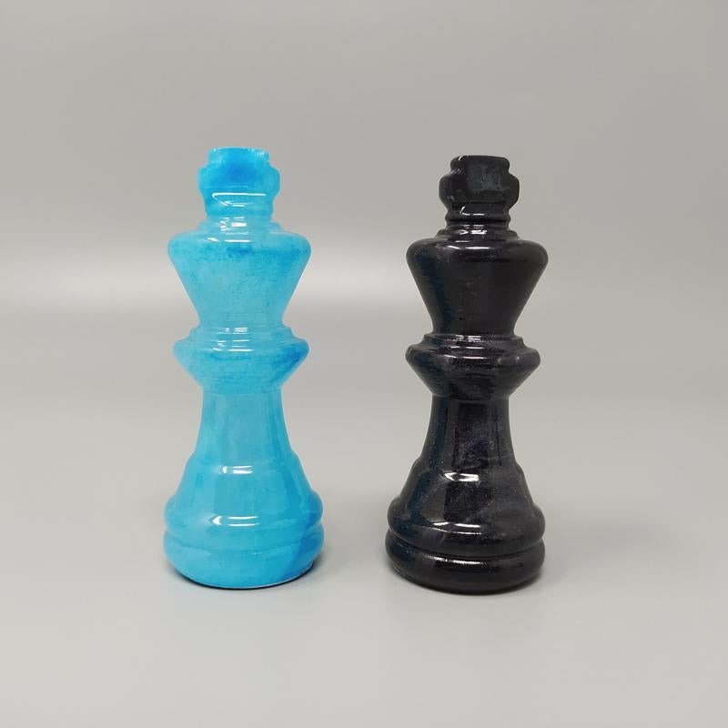 1970s Blue and Black Chess Set in Volterra Alabaster Handmade, Made in Italy 1