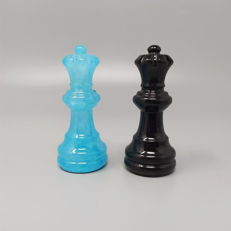 1970s Blue and Black Chess Set in Volterra Alabaster Handmade, Made in Italy 2