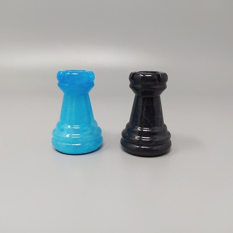 1970s Blue and Black Chess Set in Volterra Alabaster Handmade, Made in Italy 4