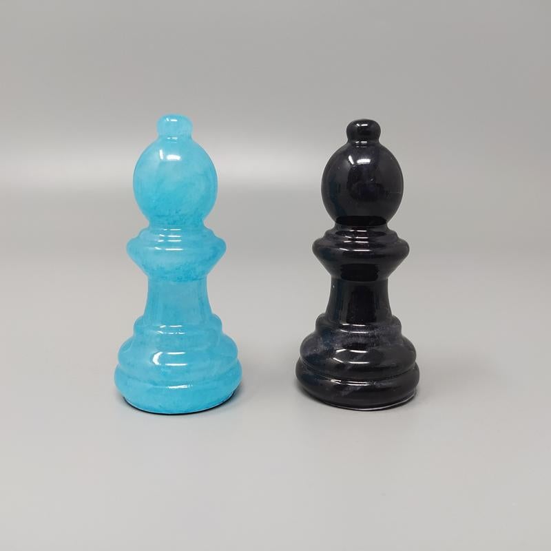 1970s Blue and Black Chess Set in Volterra Alabaster Handmade, Made in Italy 2