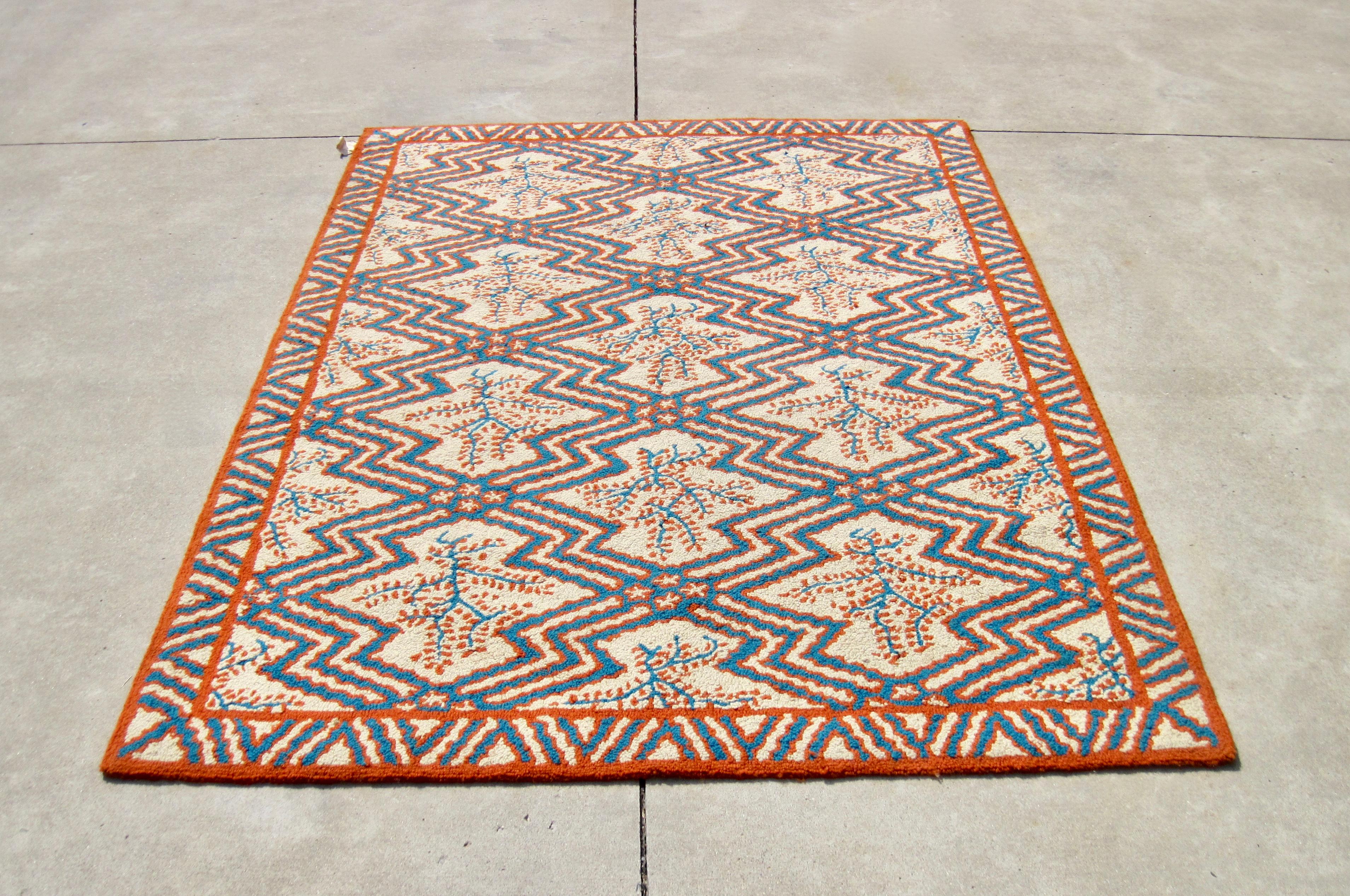 Post-Modern 1970s Blue and Coral Coastal Design Area Rug For Sale