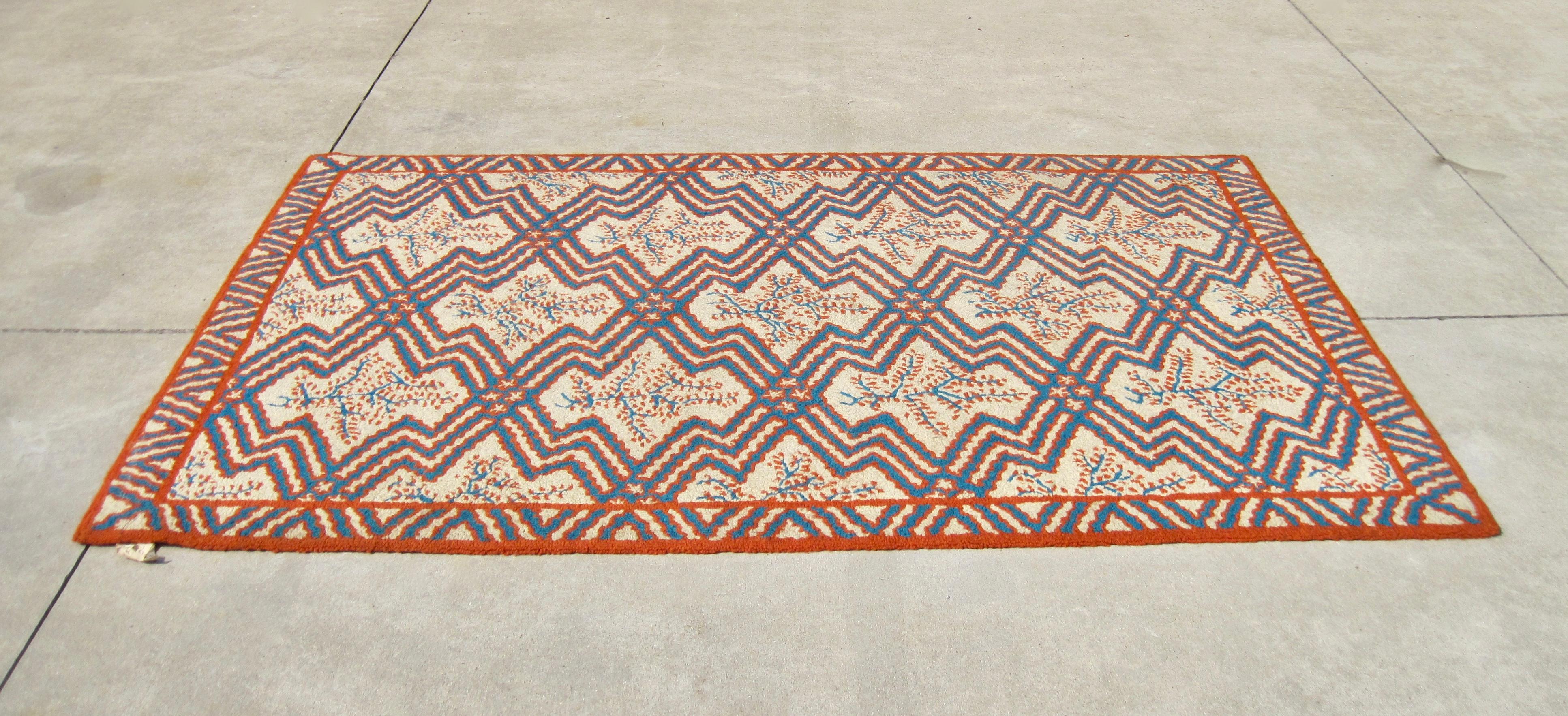 Synthetic 1970s Blue and Coral Coastal Design Area Rug For Sale