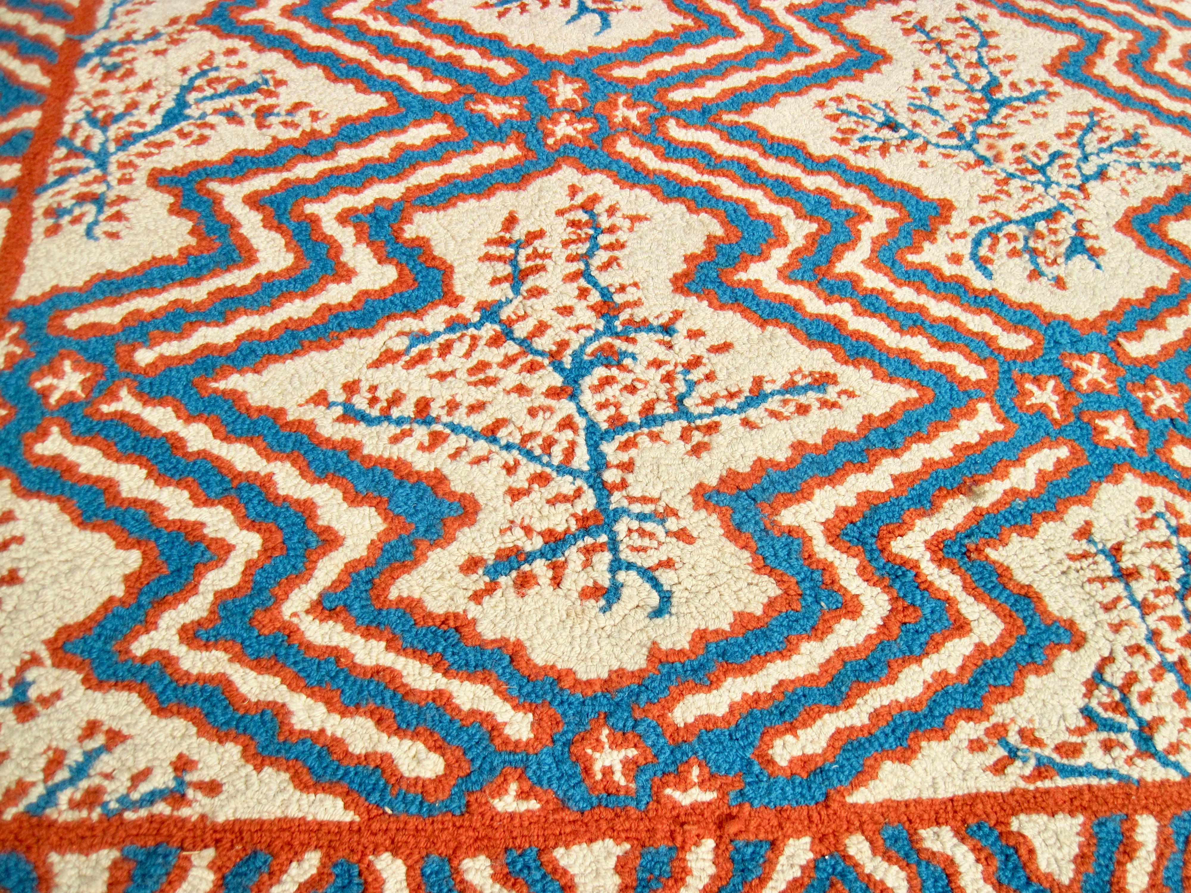 1970s Blue and Coral Coastal Design Area Rug For Sale 1