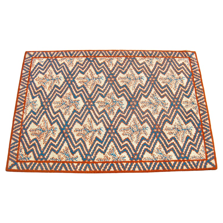 1970s Blue and Coral Coastal Design Area Rug For Sale at 1stDibs